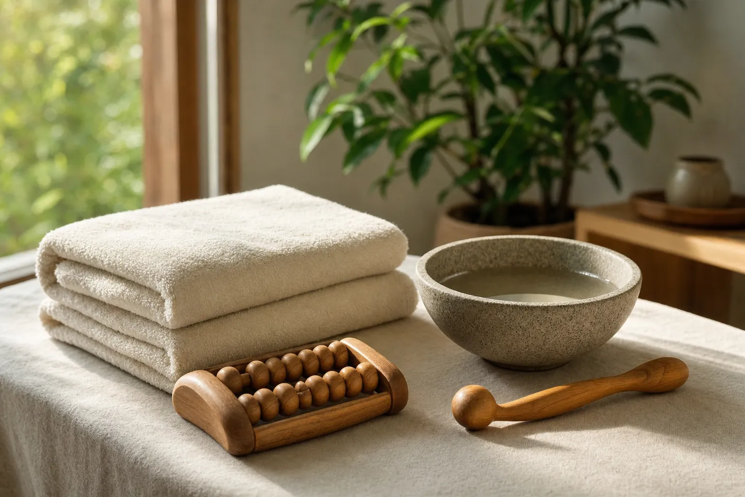 Wooden foot massage tools, folded towels, and a water bowl in a quiet wellness setting