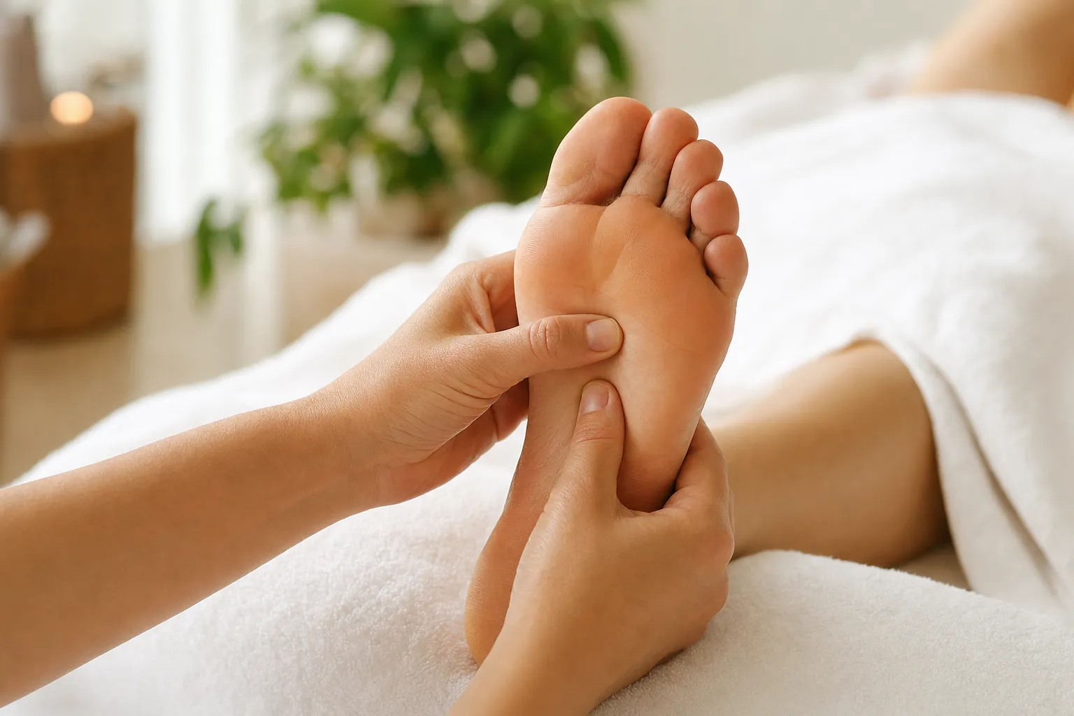 Focused hand pressure applied to the sole of a foot during a reflexology session