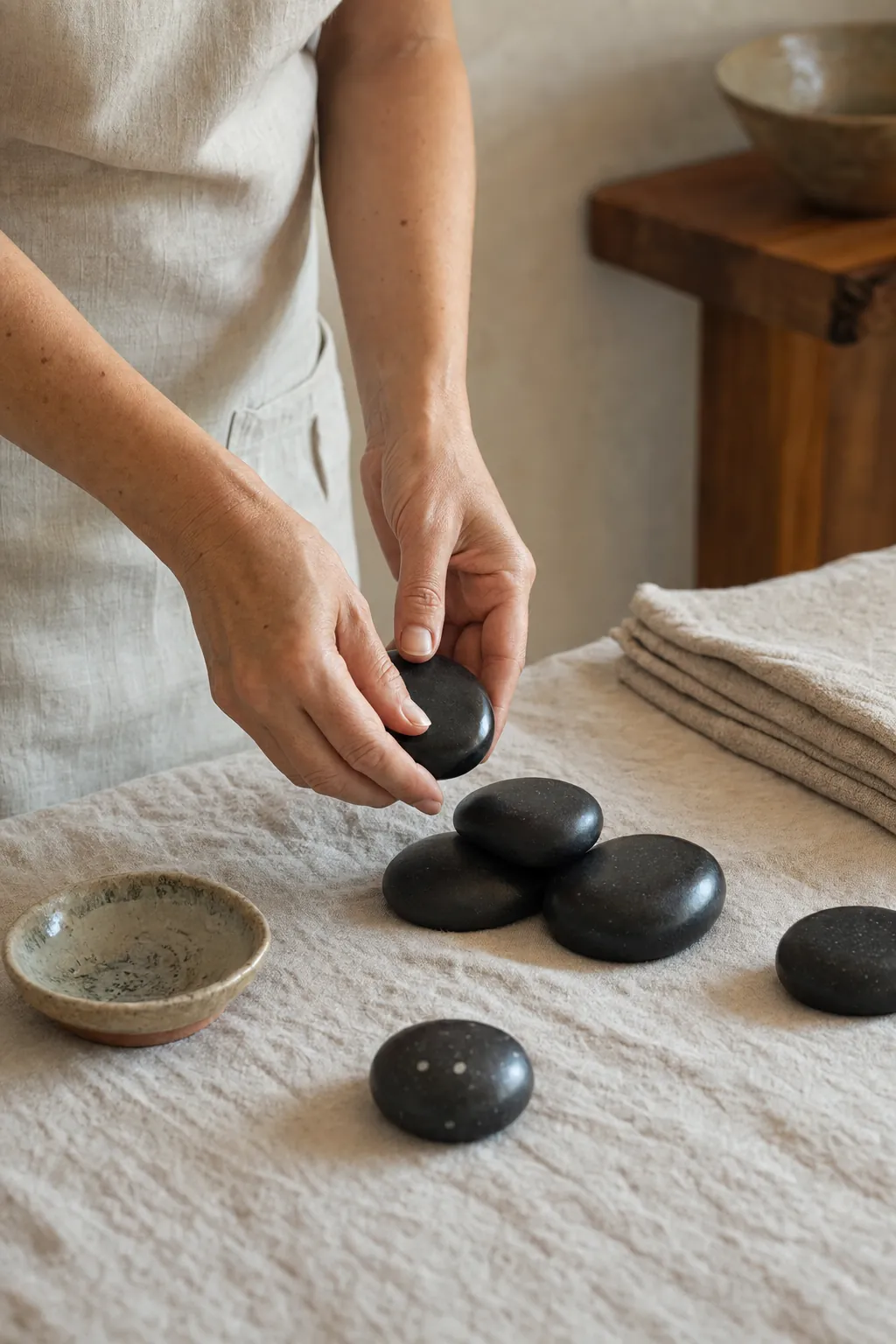 Professional hands preparing warm massage stones