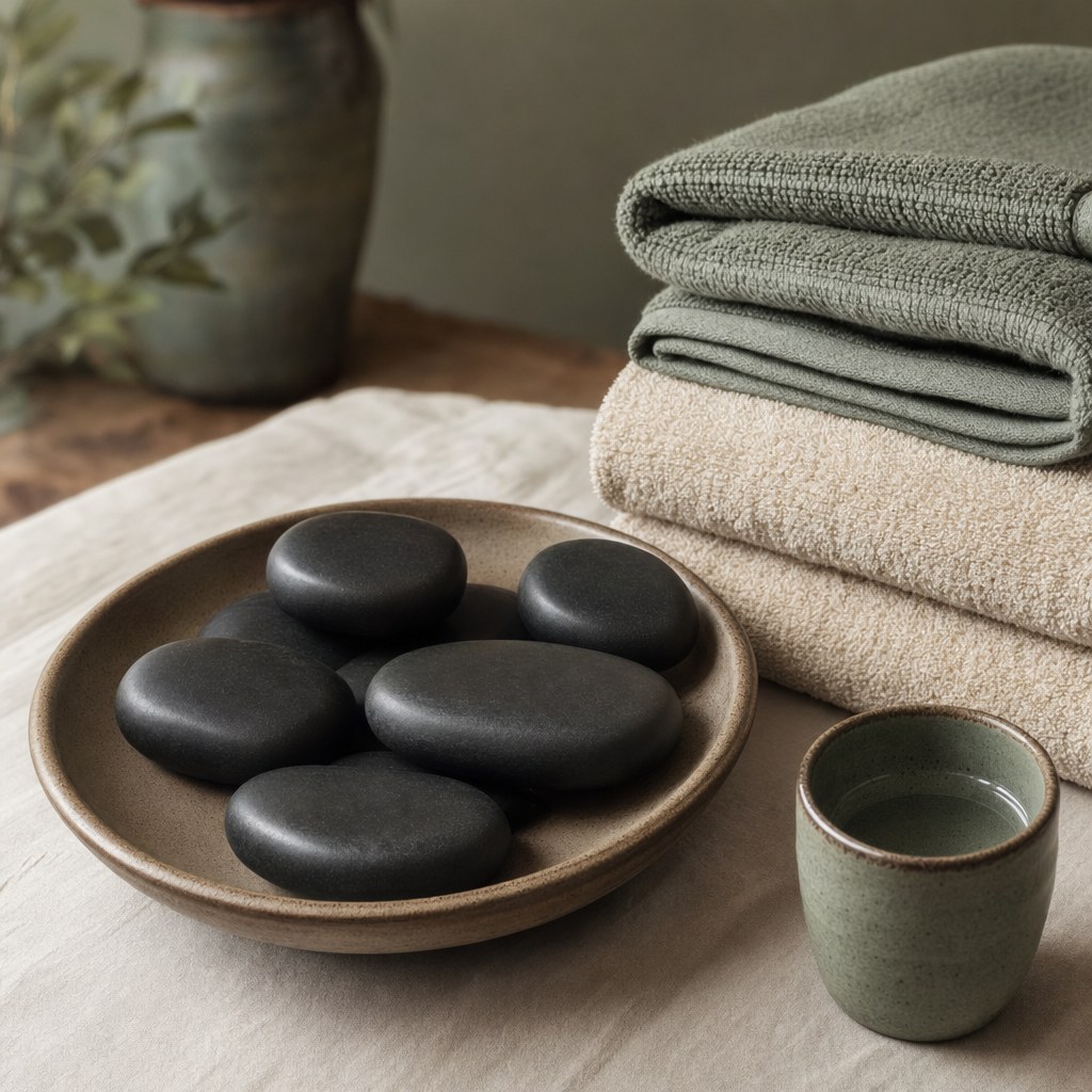Smooth black massage stones in a ceramic bowl beside folded towels and water