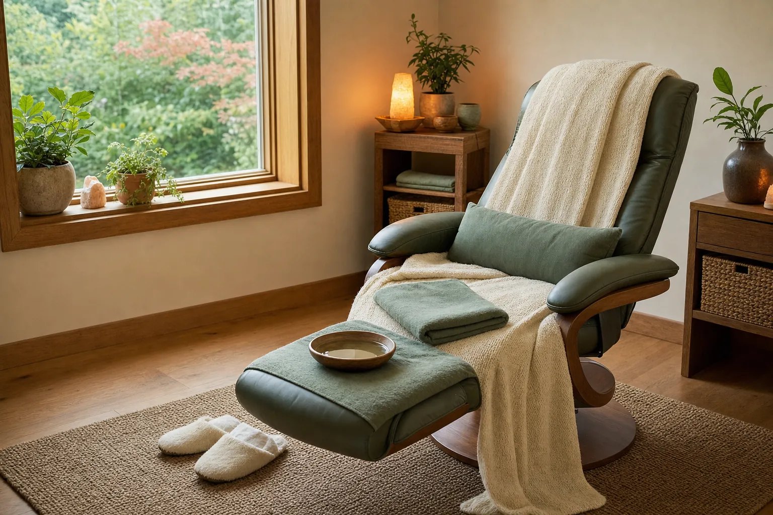 Prepared reclining chair with folded towels and slippers in a calm reflexology setting