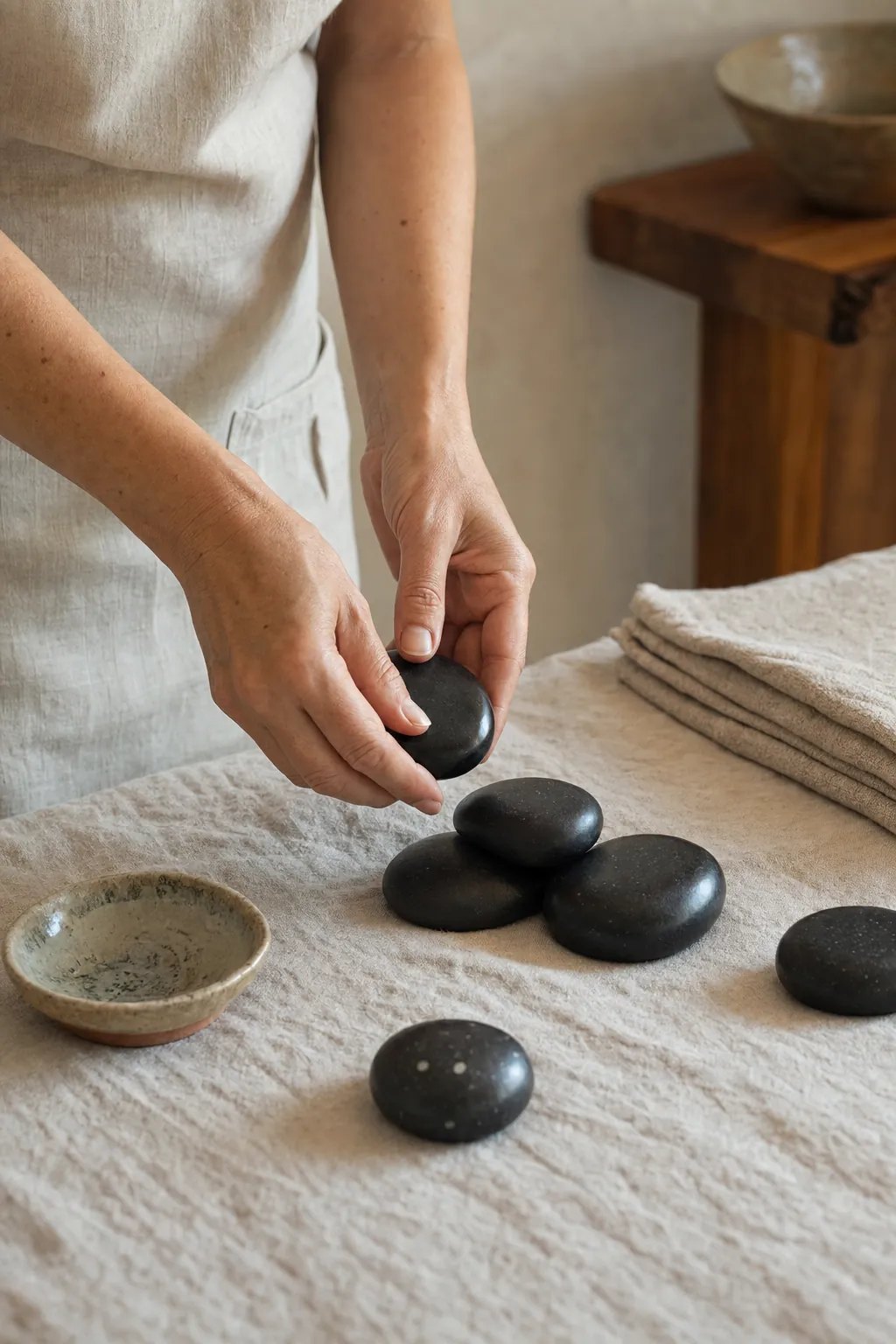 Professional hands preparing warm massage stones