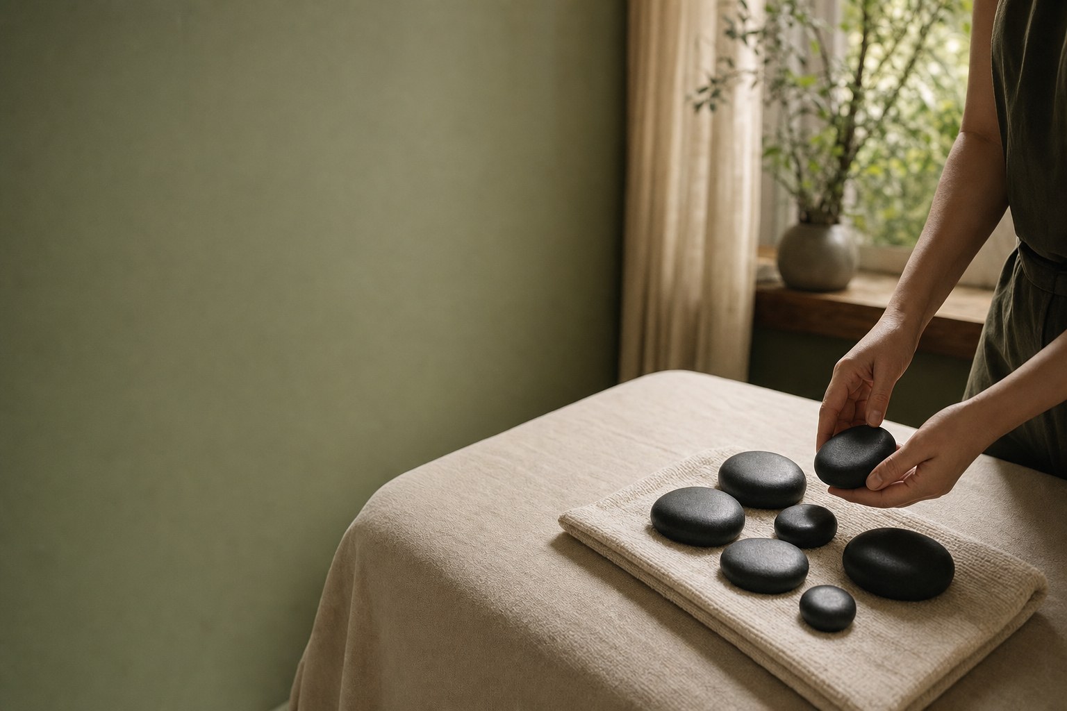 Smooth black basalt stones arranged beside a prepared massage table