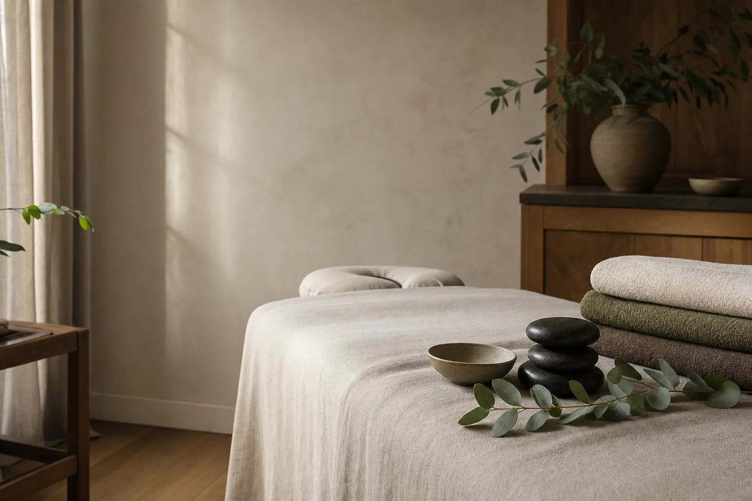 Quiet massage treatment room with linens, warm stones, and natural light