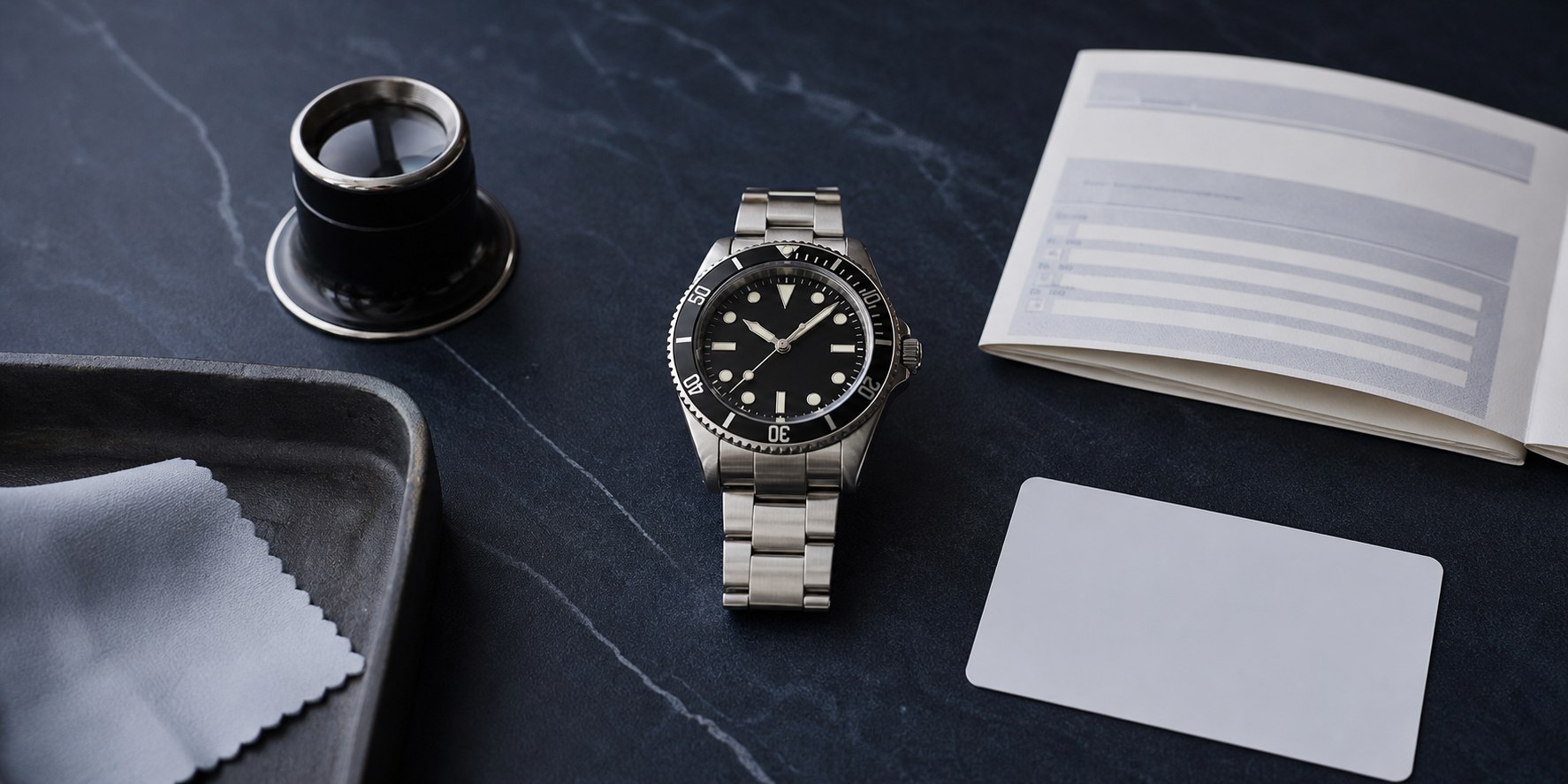 Unbranded stainless steel dive watch with a loupe, condition report, and warranty card on a navy work surface