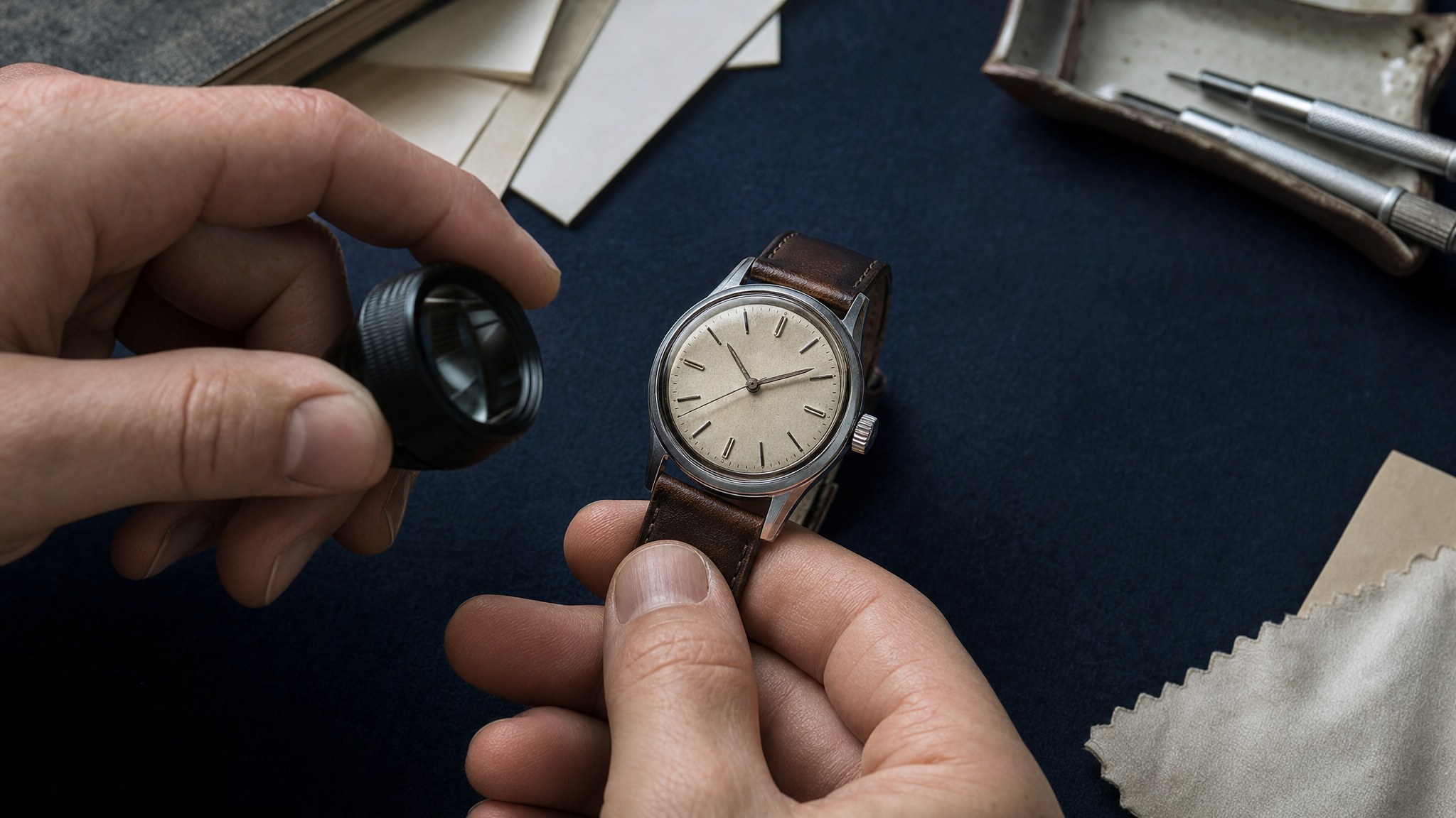 Collector examining an unbranded vintage wristwatch with a loupe on a deep navy work surface