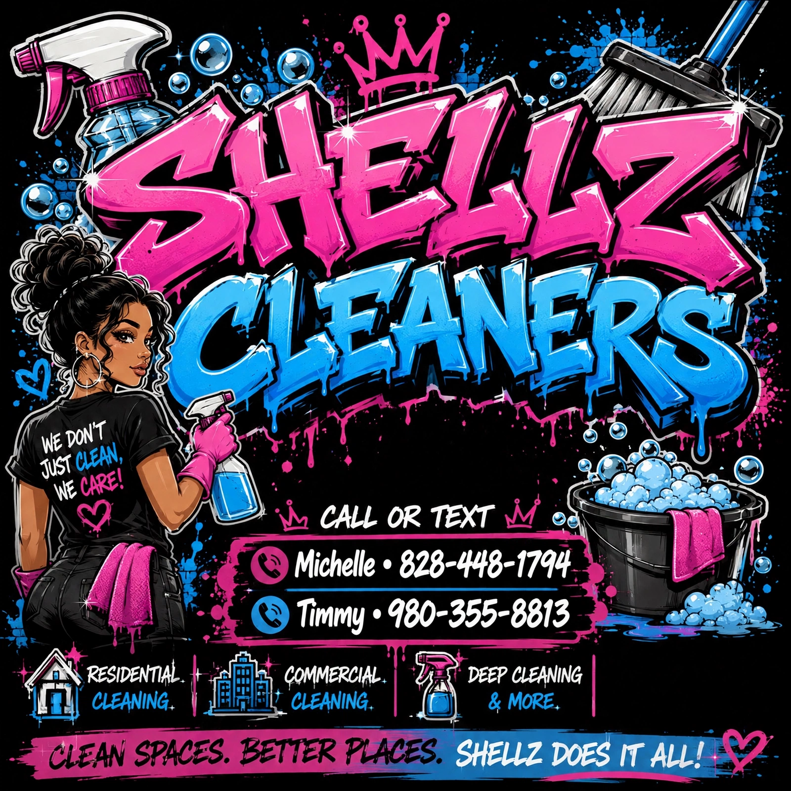 Shellz Cleaners ad: Call or text Michelle at 828-448-1794 or Timmy at 980-355-8813. Residential, commercial, deep cleaning and more. Clean spaces. Better places.
