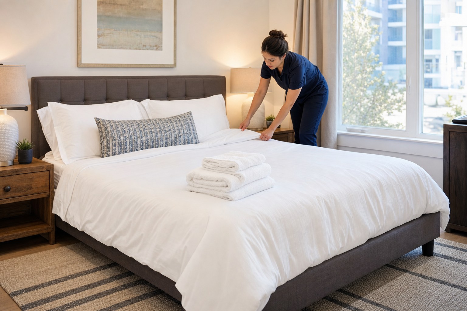Professional cleaner preparing a guest-ready rental bedroom