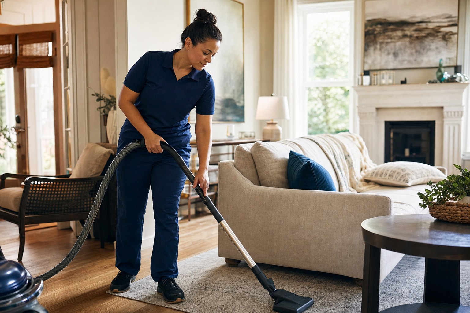 Professional cleaner vacuuming a bright living room