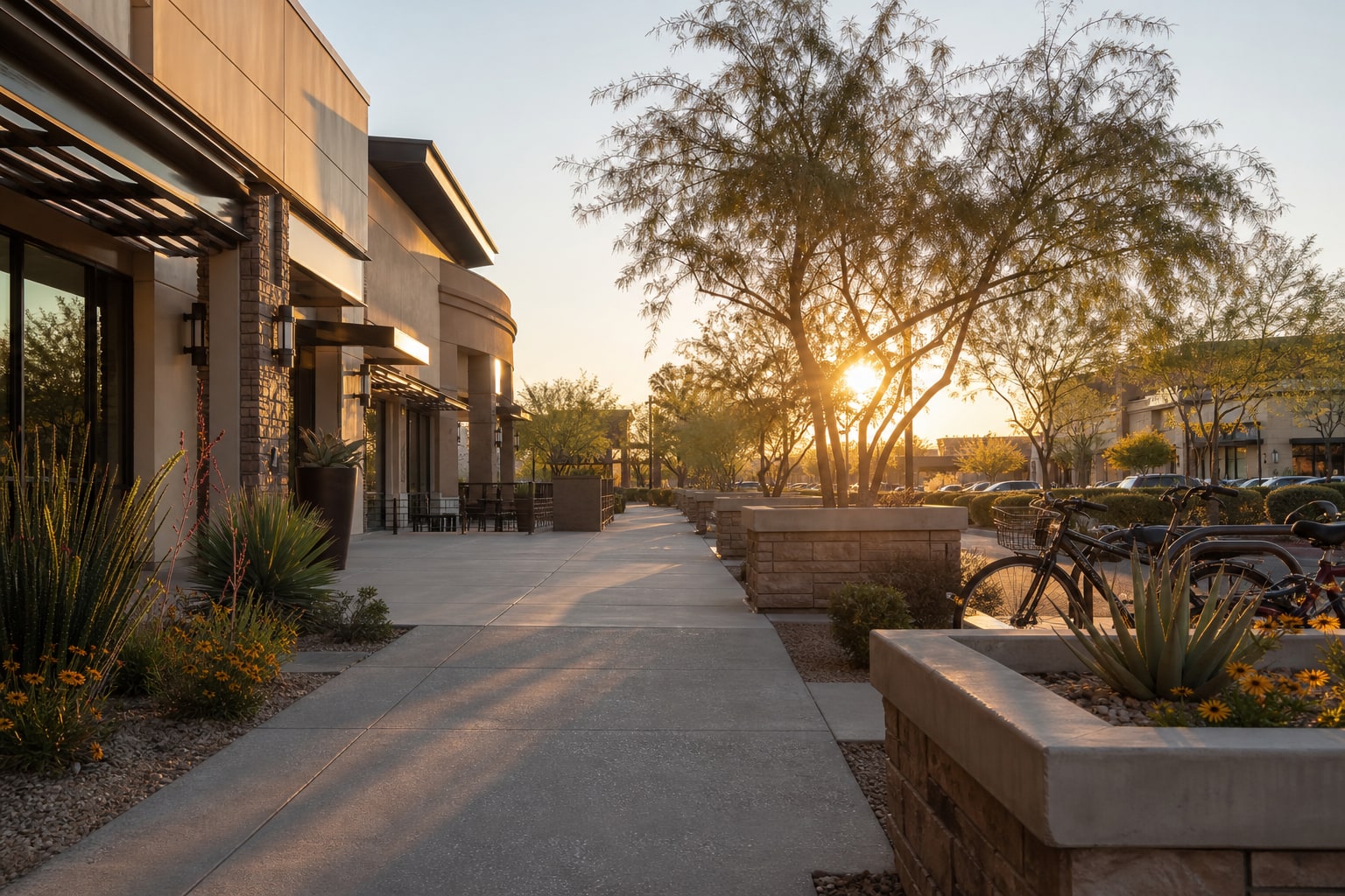 Warm Arizona outdoor shopping walkway with desert planters