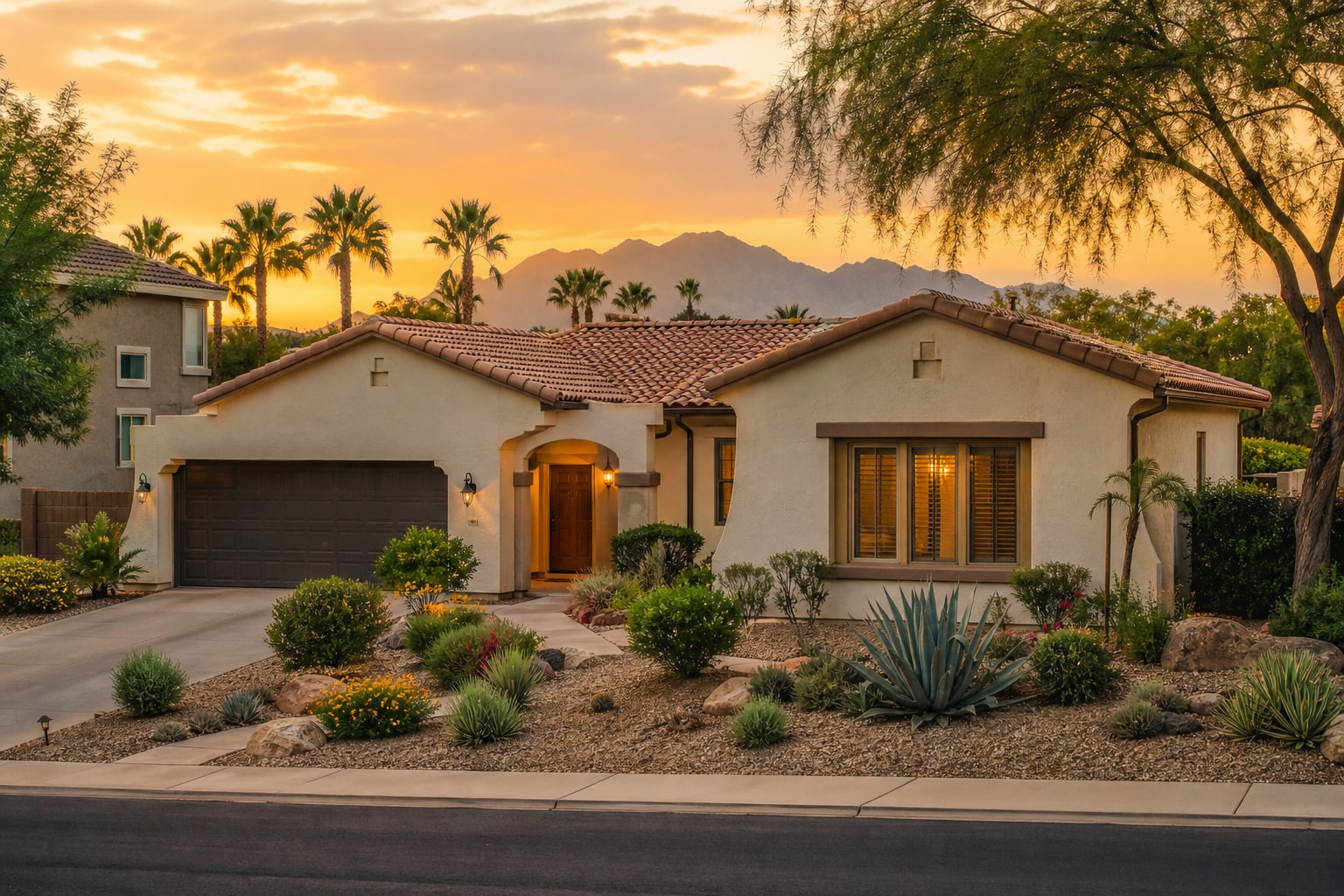 Gilbert-style Arizona home framed by desert landscaping at sunset