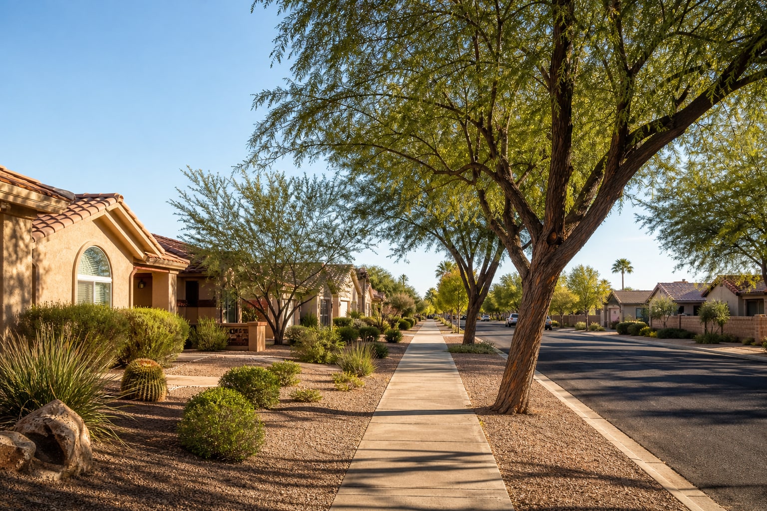 Quiet Gilbert-style neighborhood street with mature trees and desert landscaping