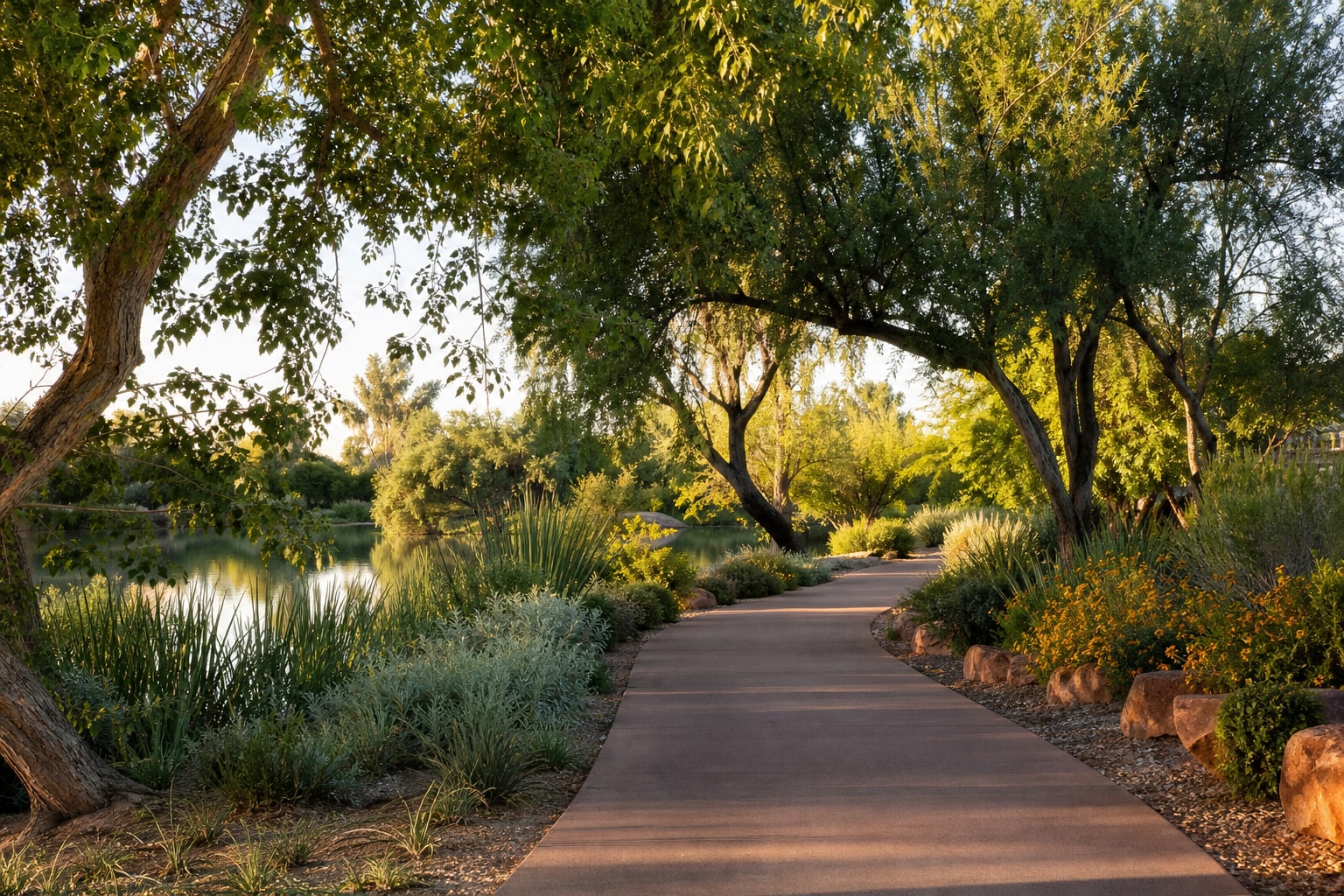 Shaded walking path beside water and desert plants in a Gilbert-style riparian park