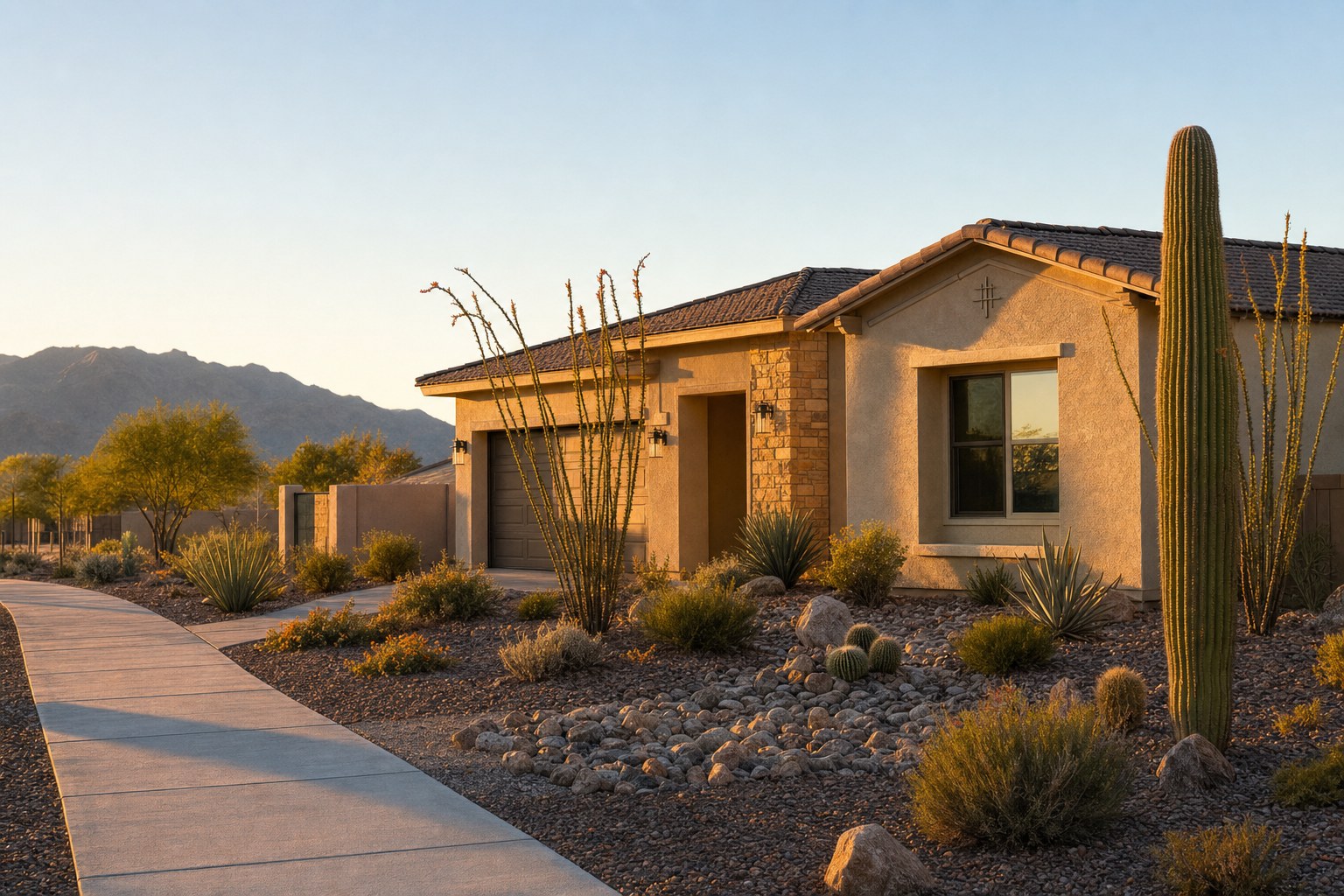 Queen Creek area home with desert landscaping at golden hour