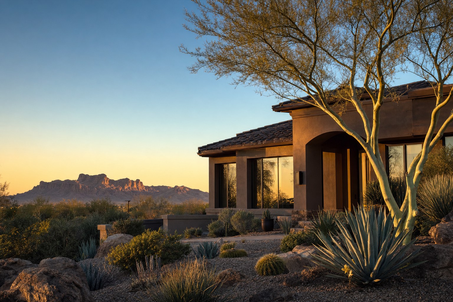 Contemporary Arizona home in desert landscaping