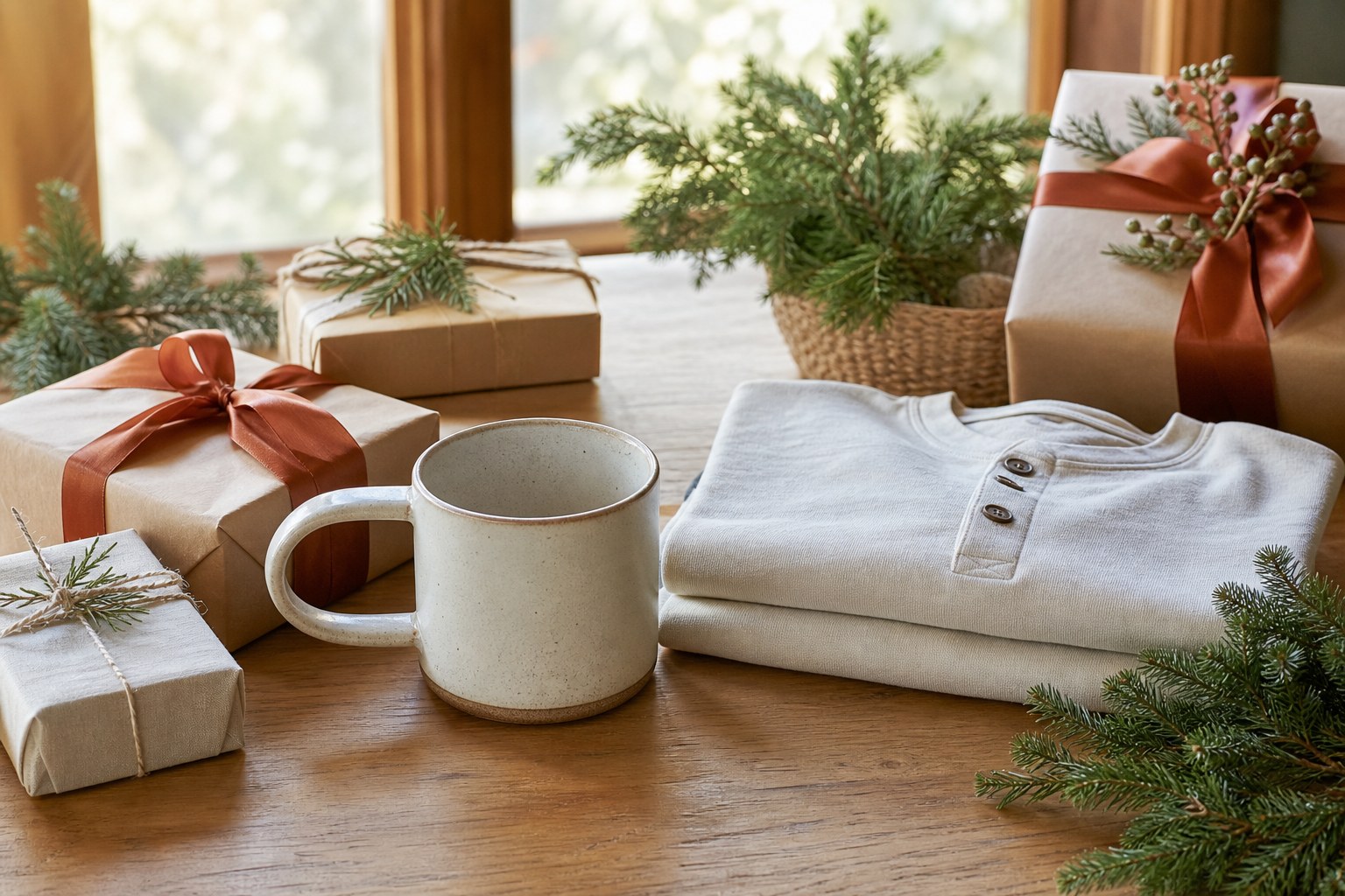 Thoughtfully wrapped gifts, a ceramic mug, and a folded shirt on a wood table