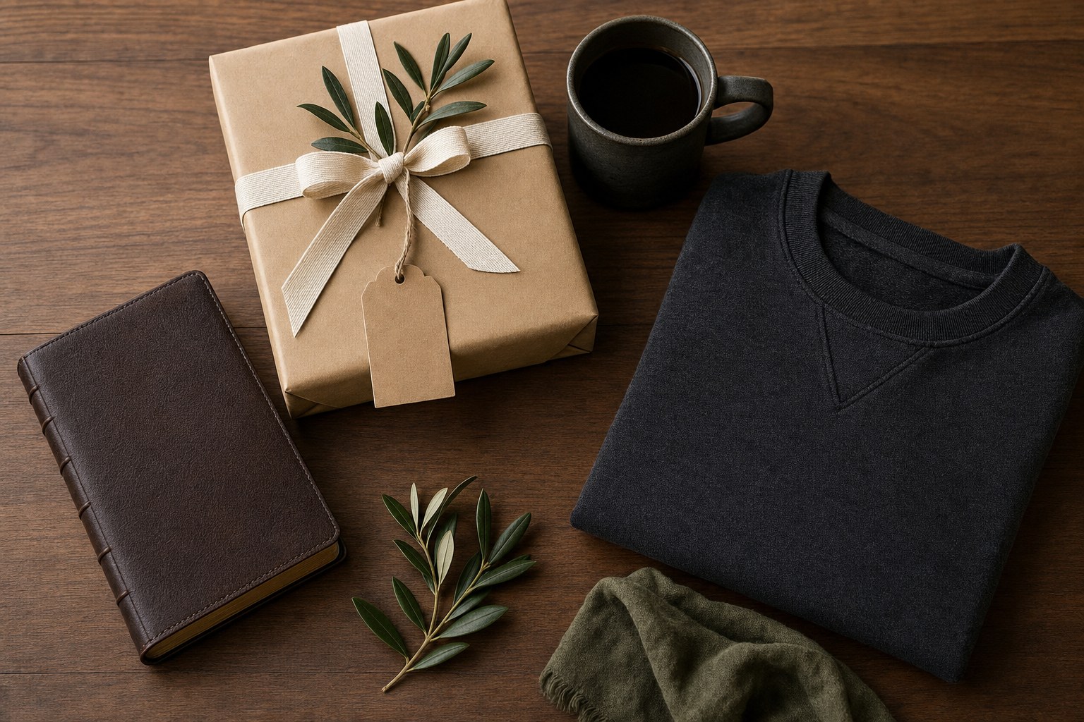 Wrapped gift, dark coffee mug, folded sweatshirt, and leather-bound Bible on a wood table