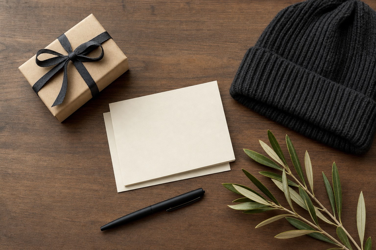 Wrapped gift, blank greeting card, pen, and knit beanie on a wood table