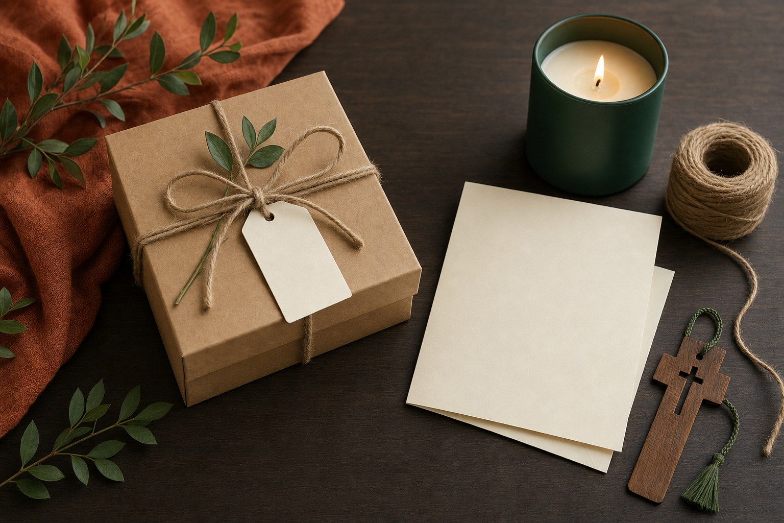 Wrapped gift, blank card, candle, and wooden cross bookmark on a dark tabletop