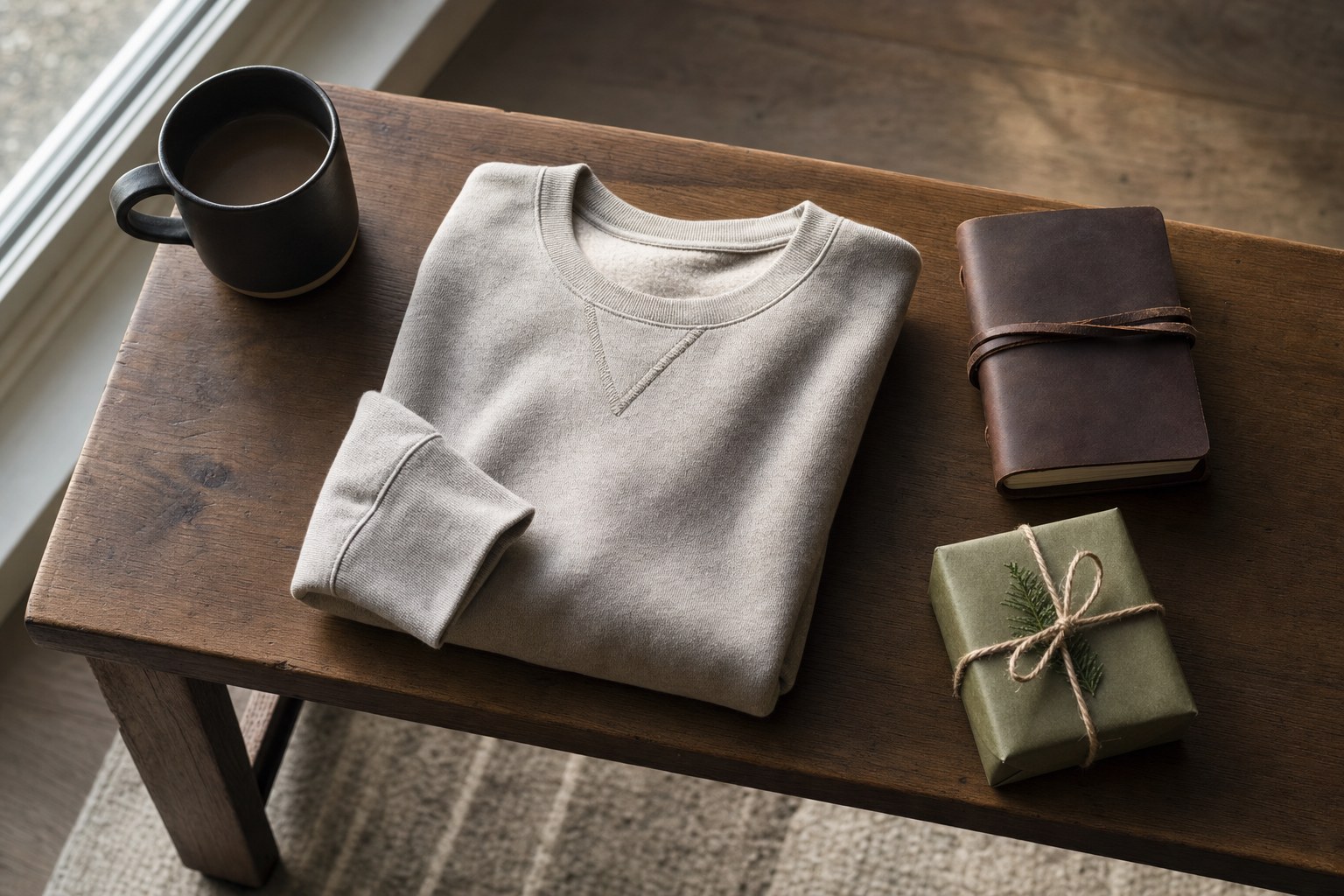 Coffee mug, folded sweatshirt, leather journal, and wrapped gift on a wood bench
