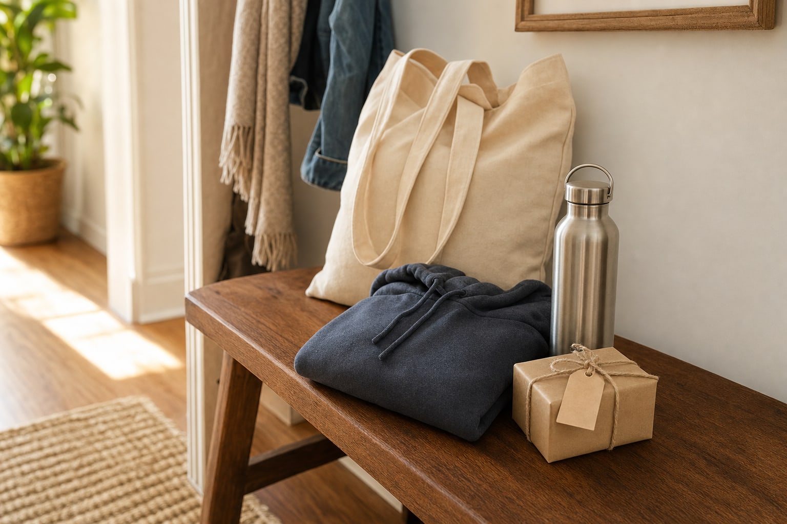 Folded hoodie, tote bag, water bottle, and wrapped gift on a hallway bench