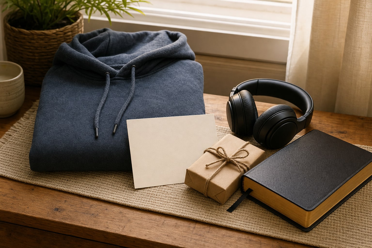 Folded hoodie, headphones, wrapped gift, and Bible on a wood table