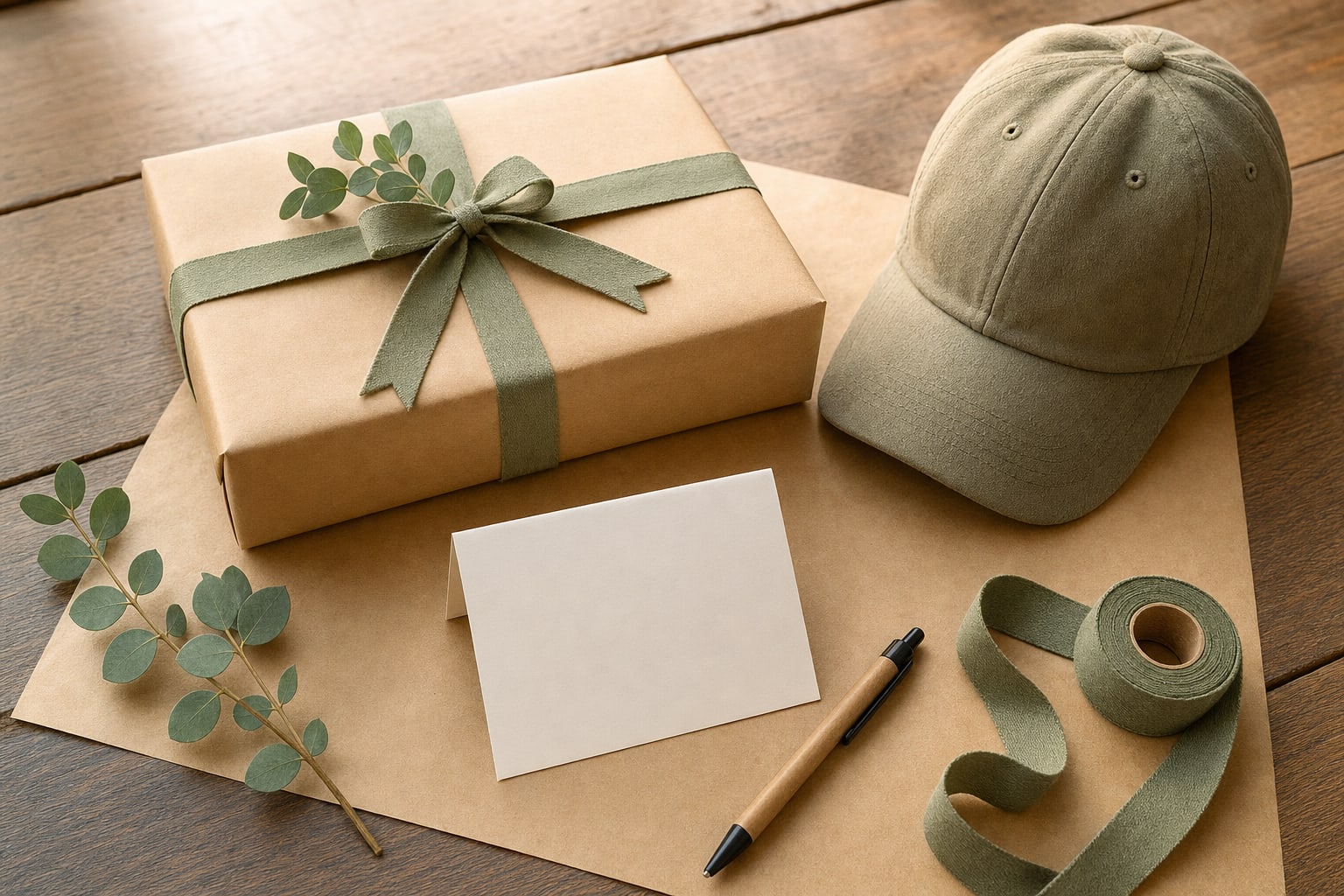 Wrapped gift, blank note card, pen, and baseball cap on a wood table