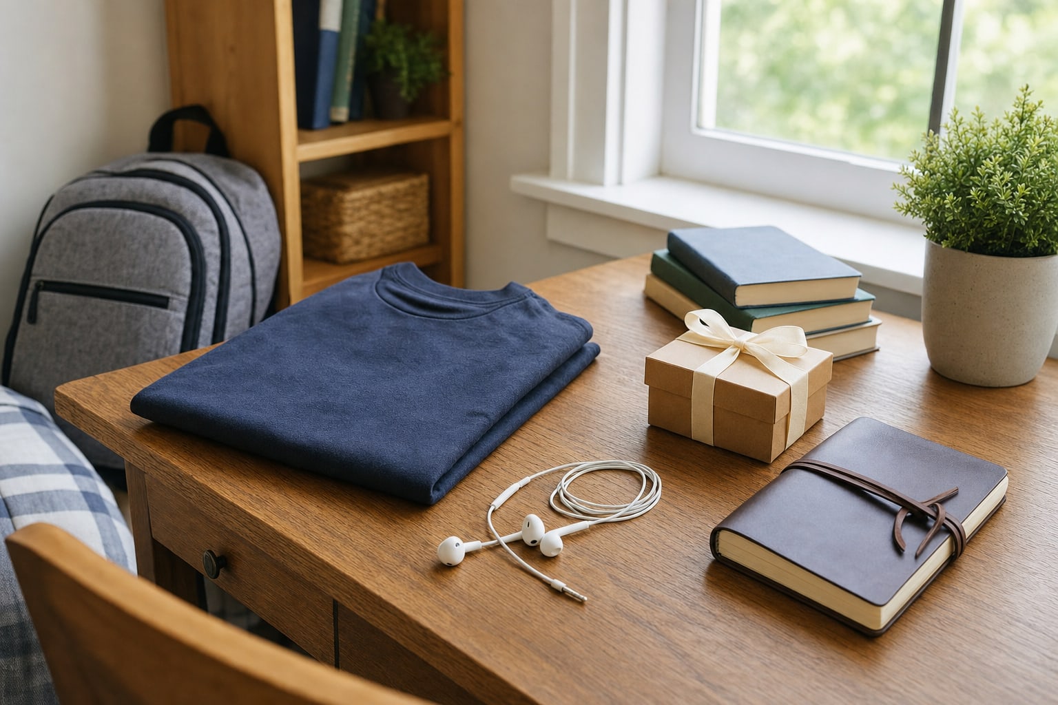 Folded sweatshirt, wrapped gift, earbuds, journal, and backpack on a teen bedroom desk