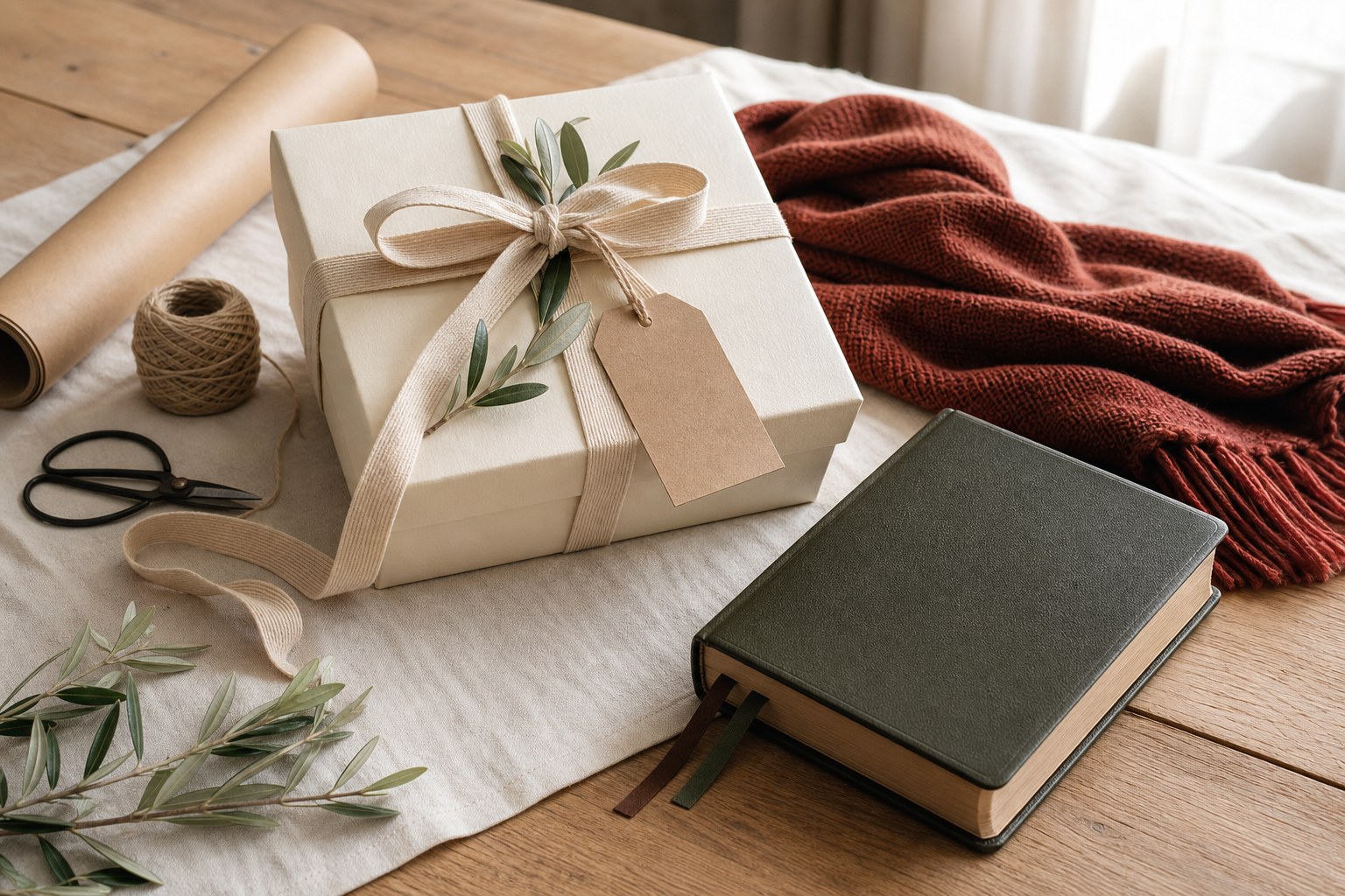 A wrapped gift beside a knit scarf and a Bible on a wood table