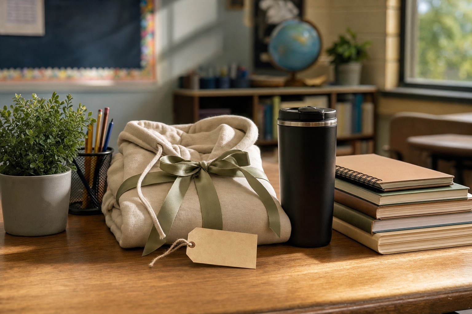 Folded hoodie with ribbon, travel mug, notebooks, and school supplies on a classroom desk