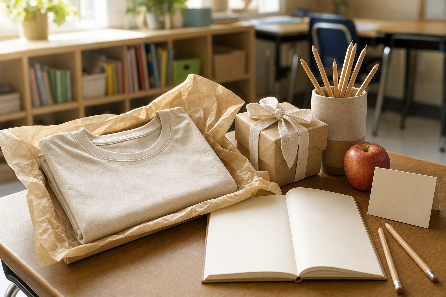 Folded gift shirt, wrapped present, pencils, and an apple on a classroom desk
