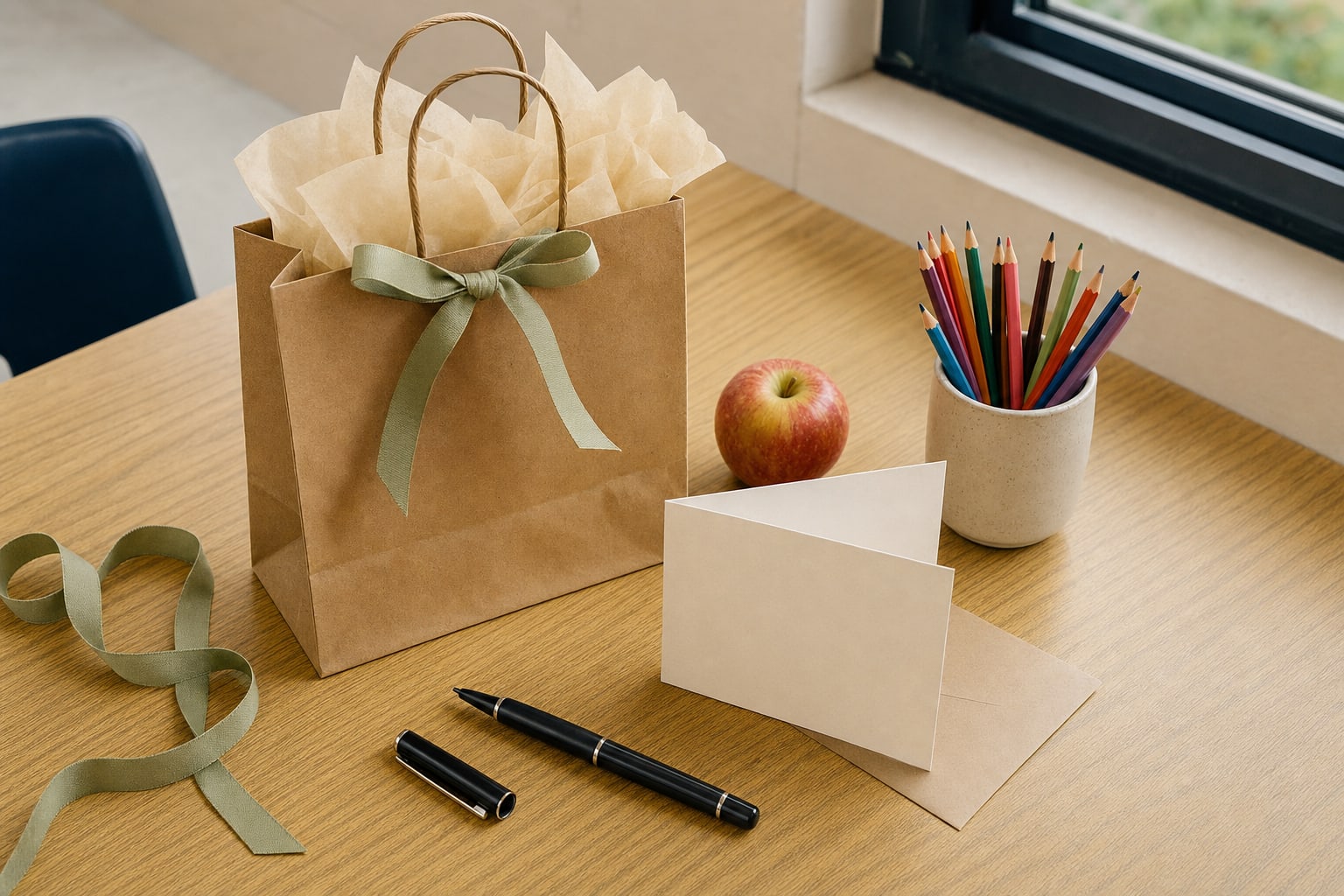 Gift bag, blank thank-you card, ribbon, pencils, and an apple on a wood table