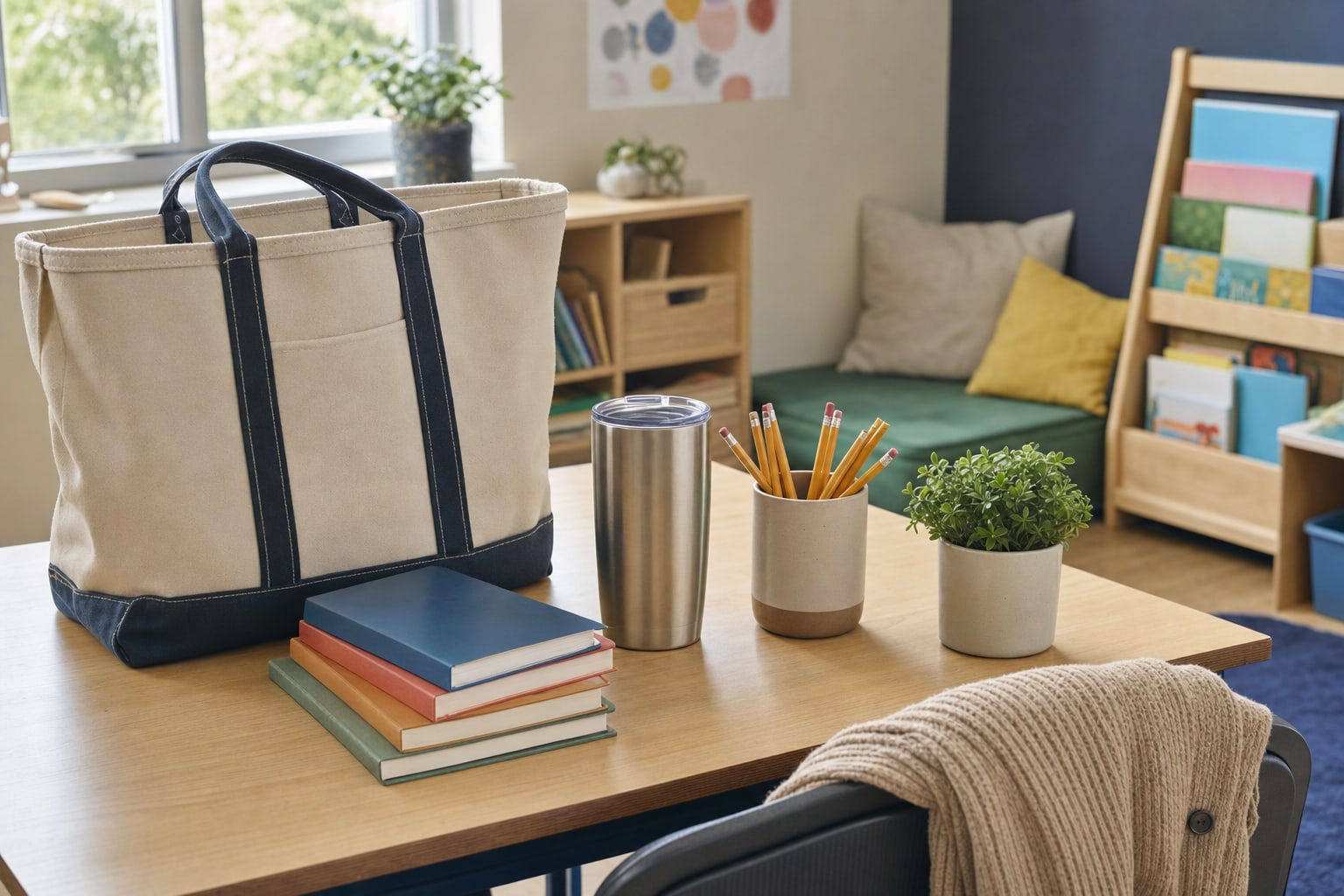 Teacher tote, coffee tumbler, pencils, books, and a plant in a classroom reading corner
