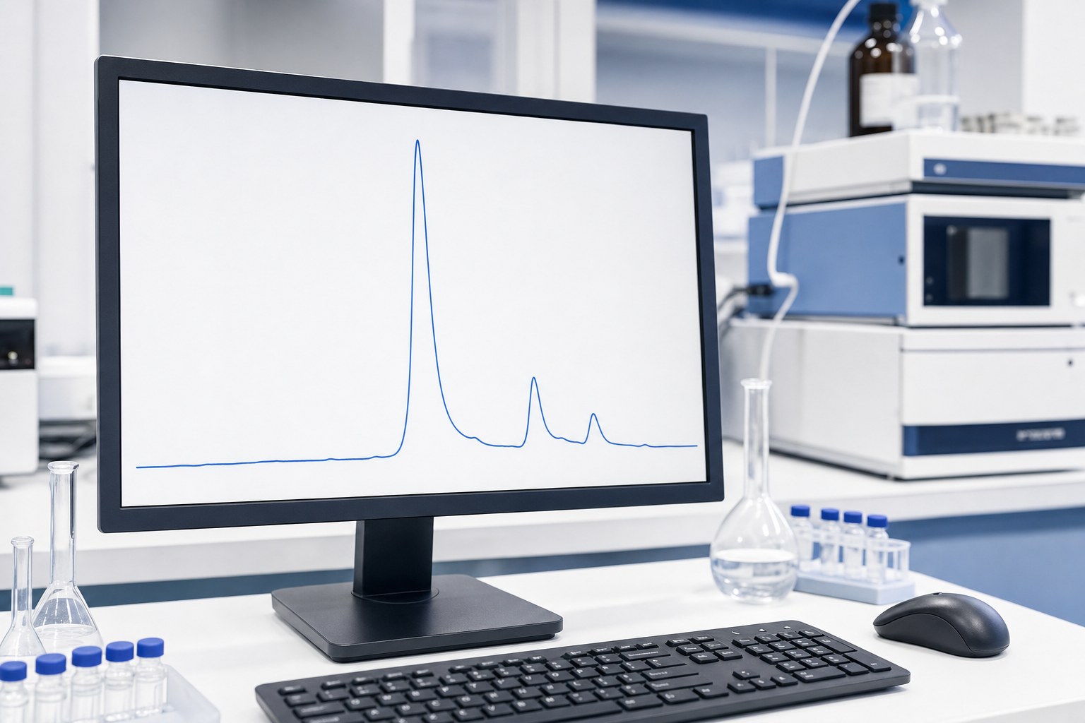 Laboratory monitor displaying an abstract chromatography curve