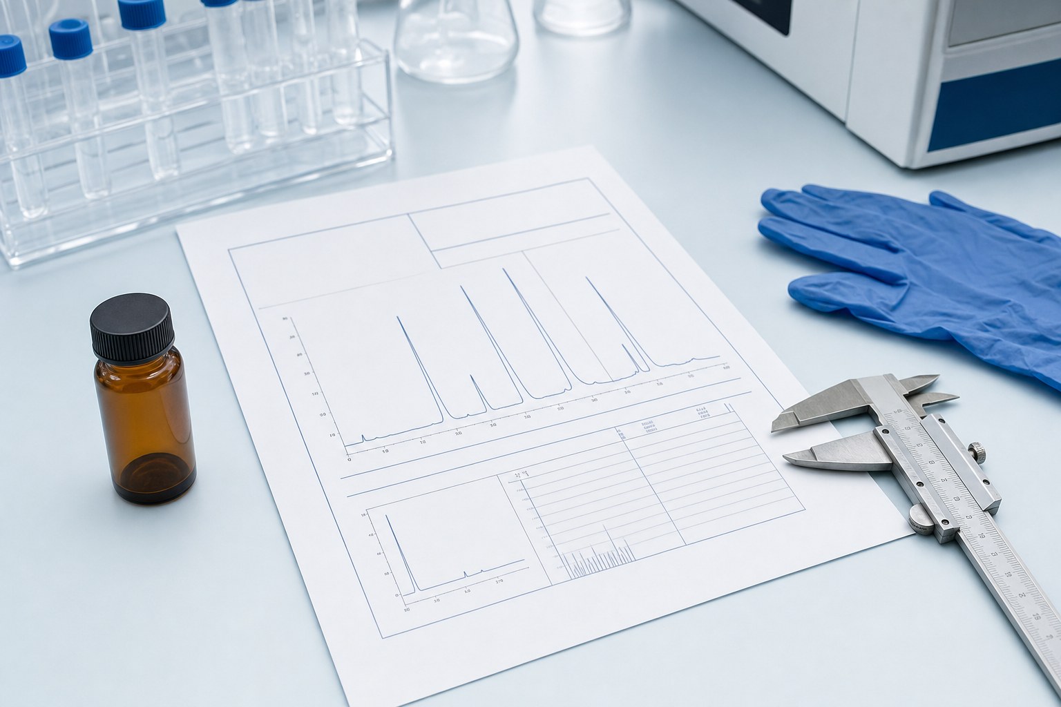 Research vial, chromatography report, and measuring tool on a laboratory bench