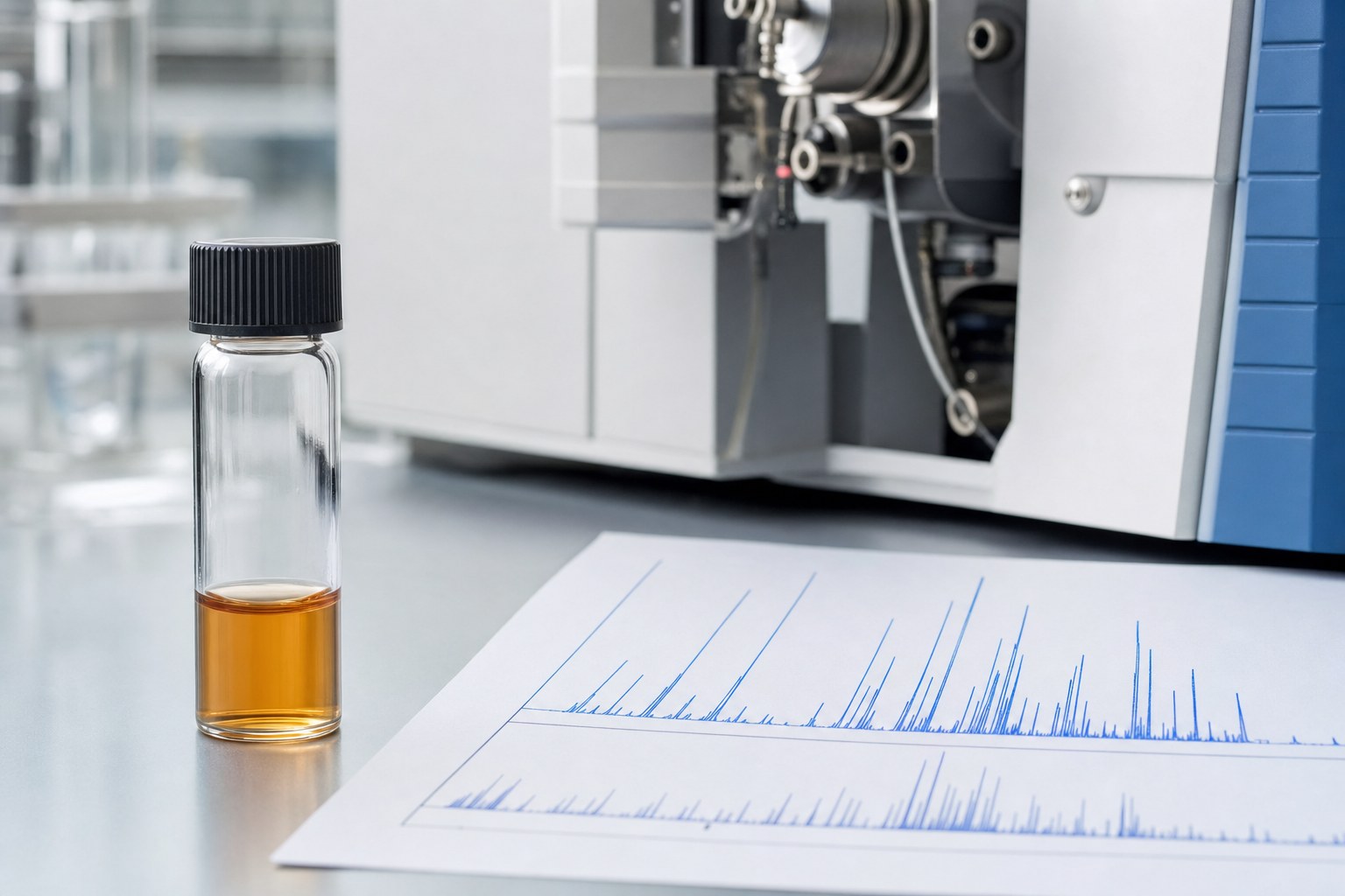 Laboratory sample vial beside an abstract mass-analysis printout