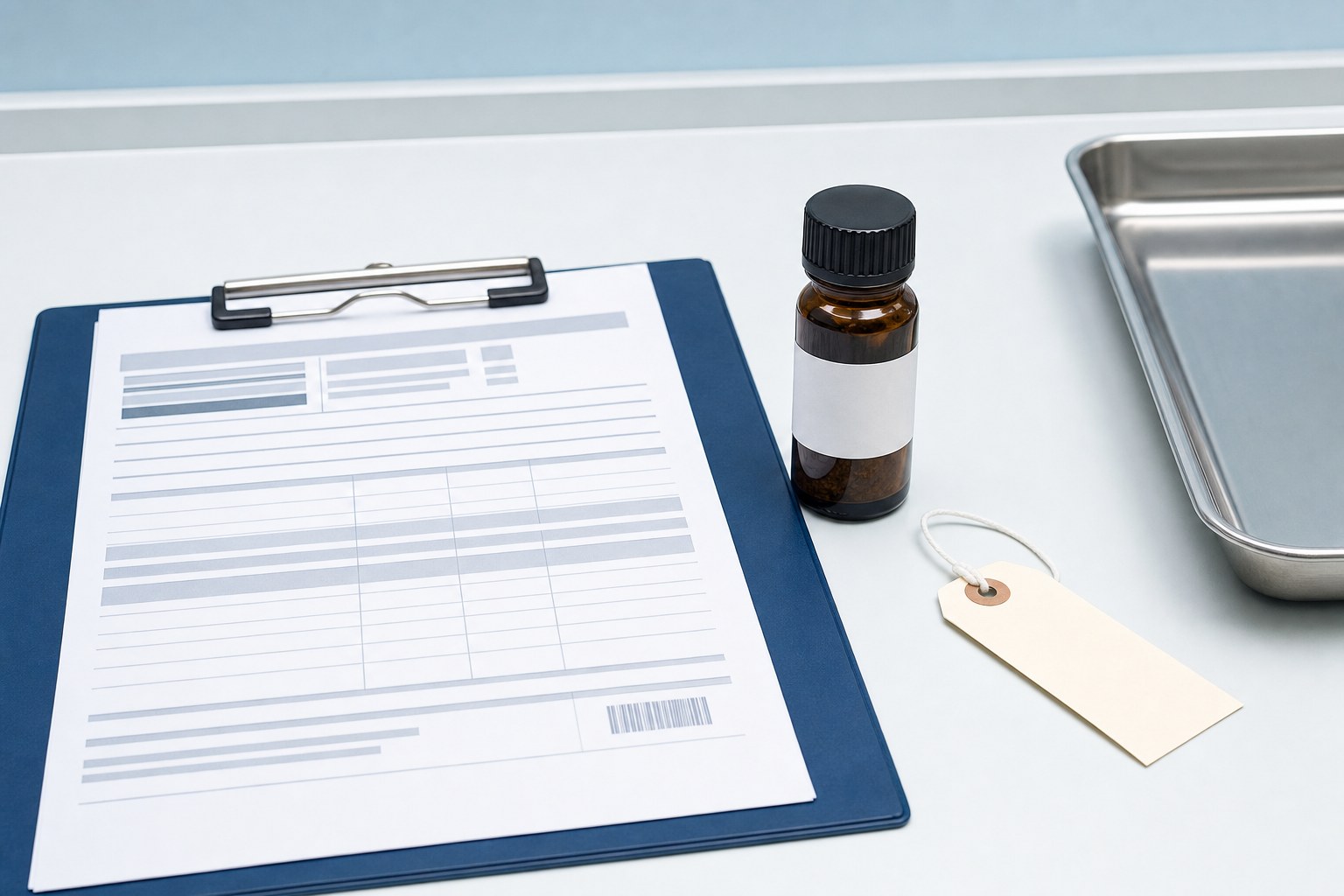 Research vial and documentation on an analytical laboratory bench