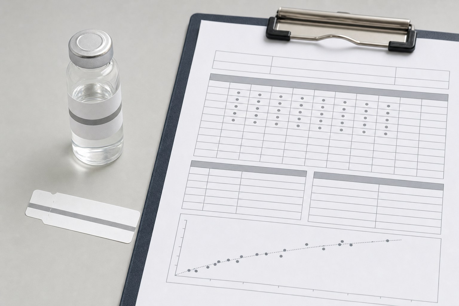 Research vial beside a batch worksheet on a laboratory clipboard
