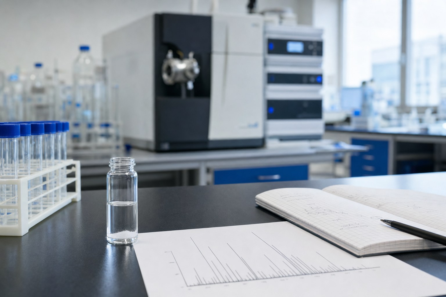 Research vial beside a mass spectrum printout in an analytical laboratory