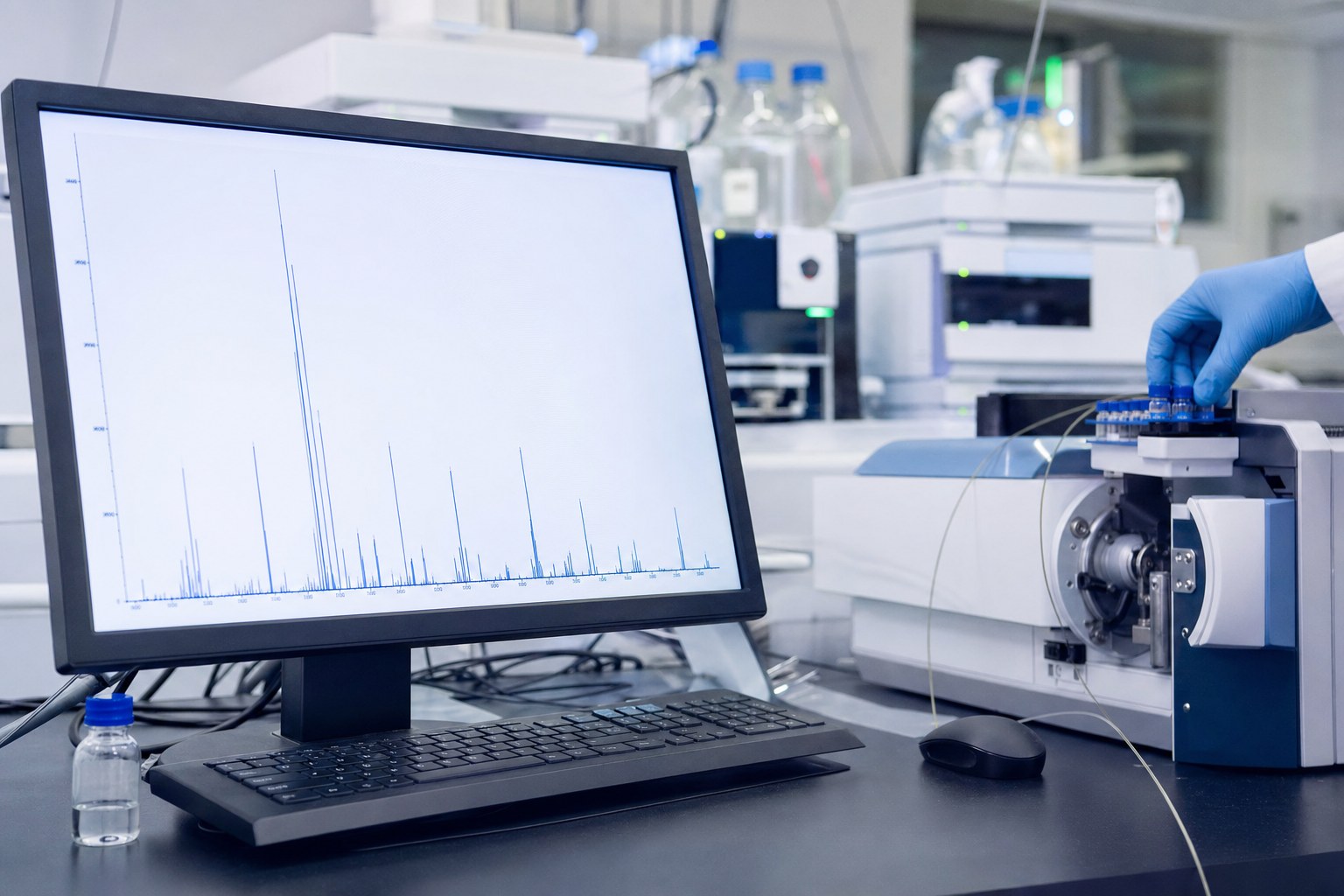 Laboratory mass spectrometry workstation with a spectrum visible on the monitor