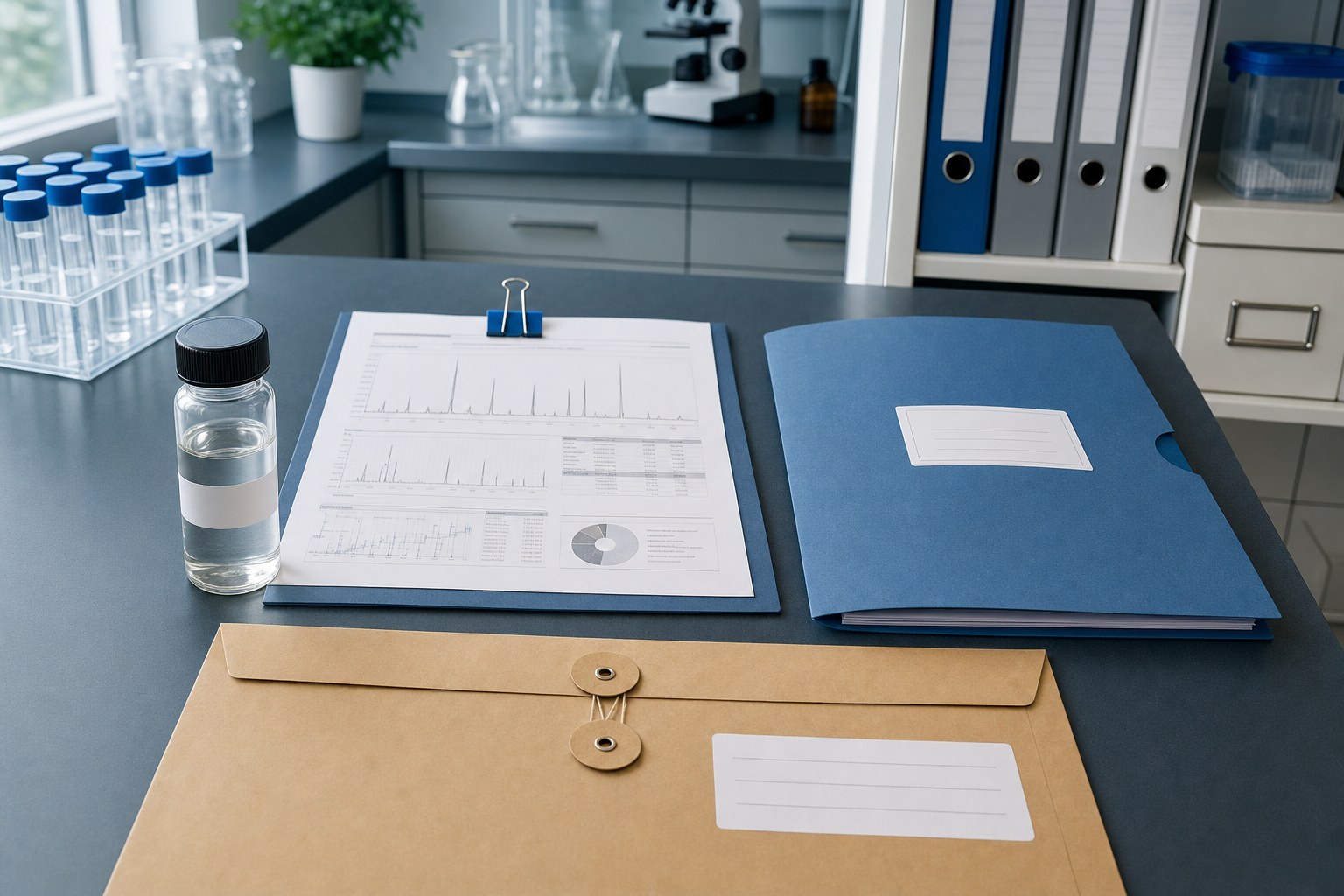 Research vial, analytical record, and sample folder arranged on a laboratory desk
