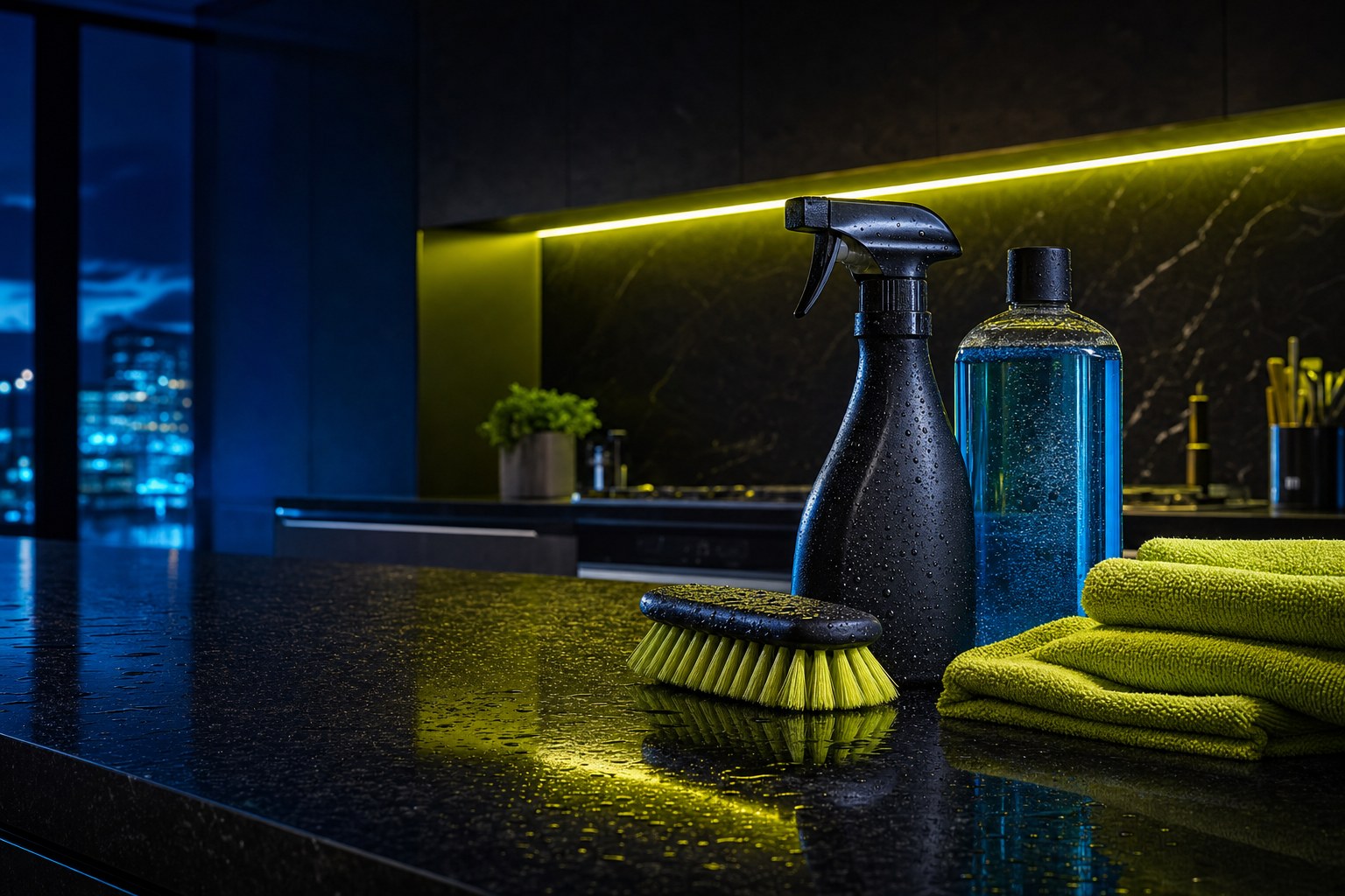 Cleaning supplies on a polished dark kitchen counter