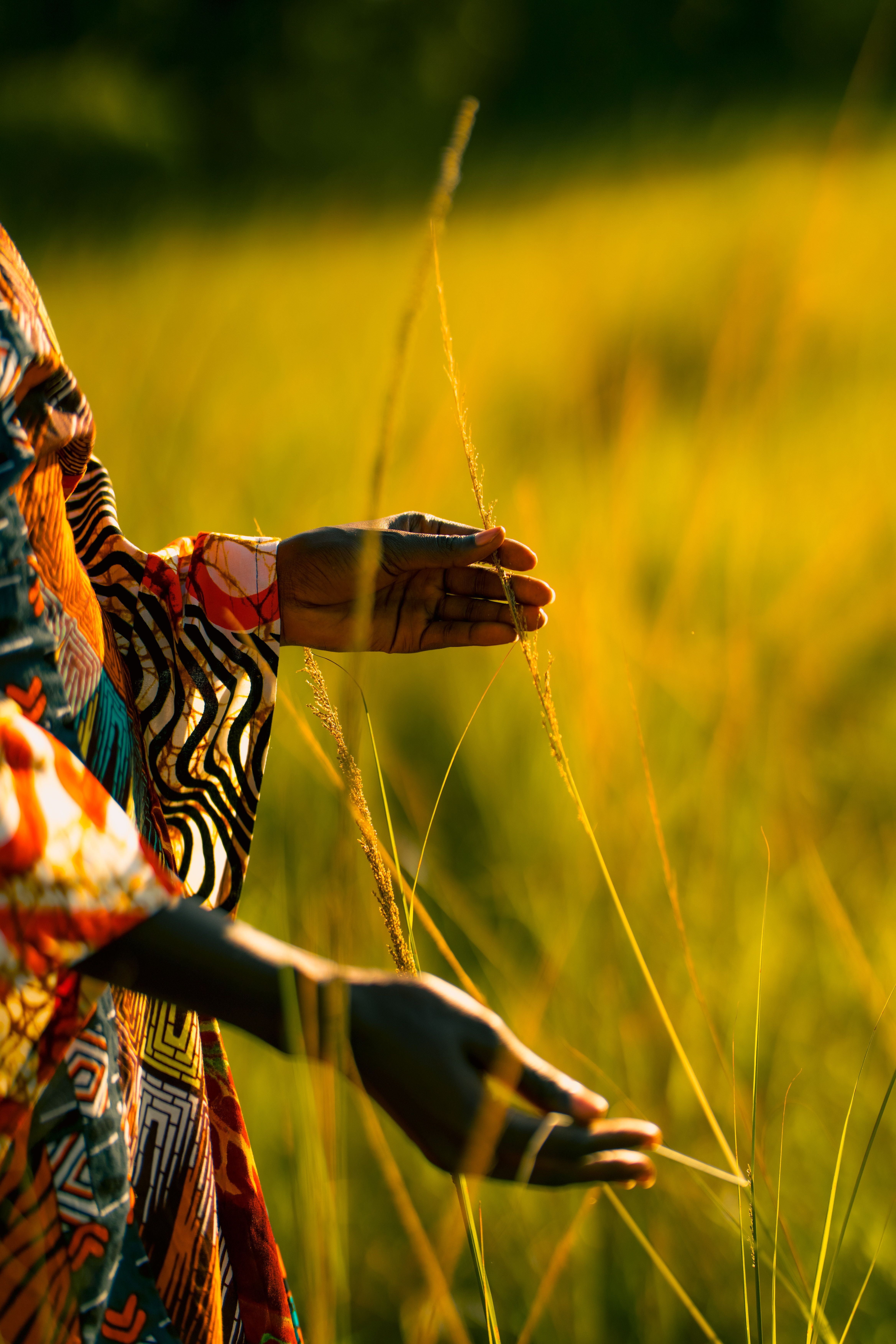 A person in patterned dress moving through a sunlit grassland