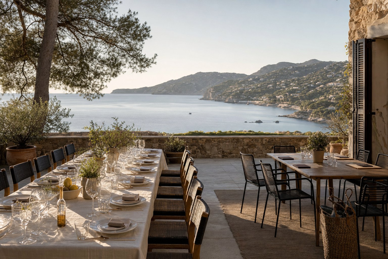 Prepared coastal retreat setting with dinner and meeting tables