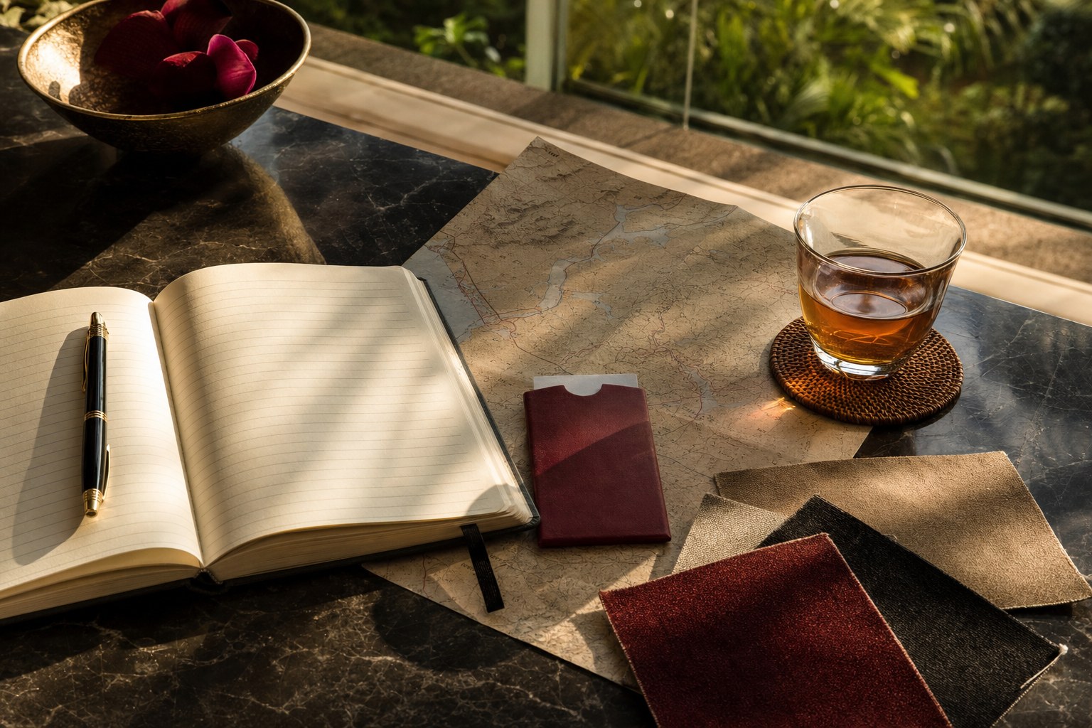 Travel planning materials on a table by a window