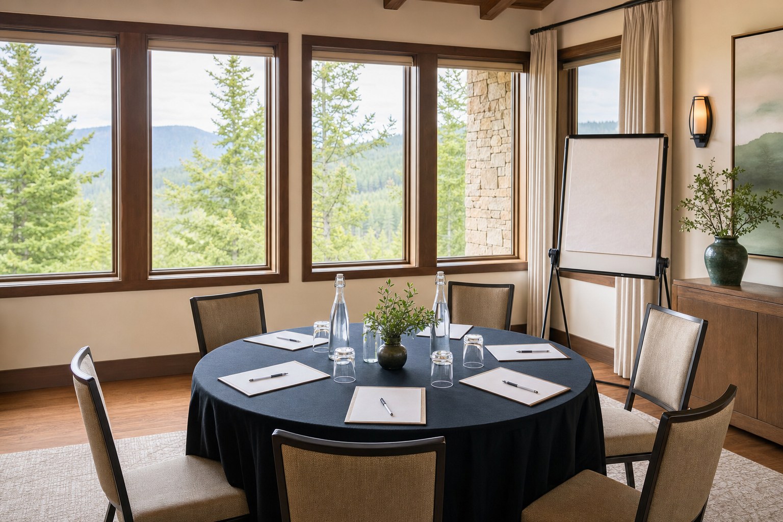 Quiet lodge meeting room prepared for a small work session