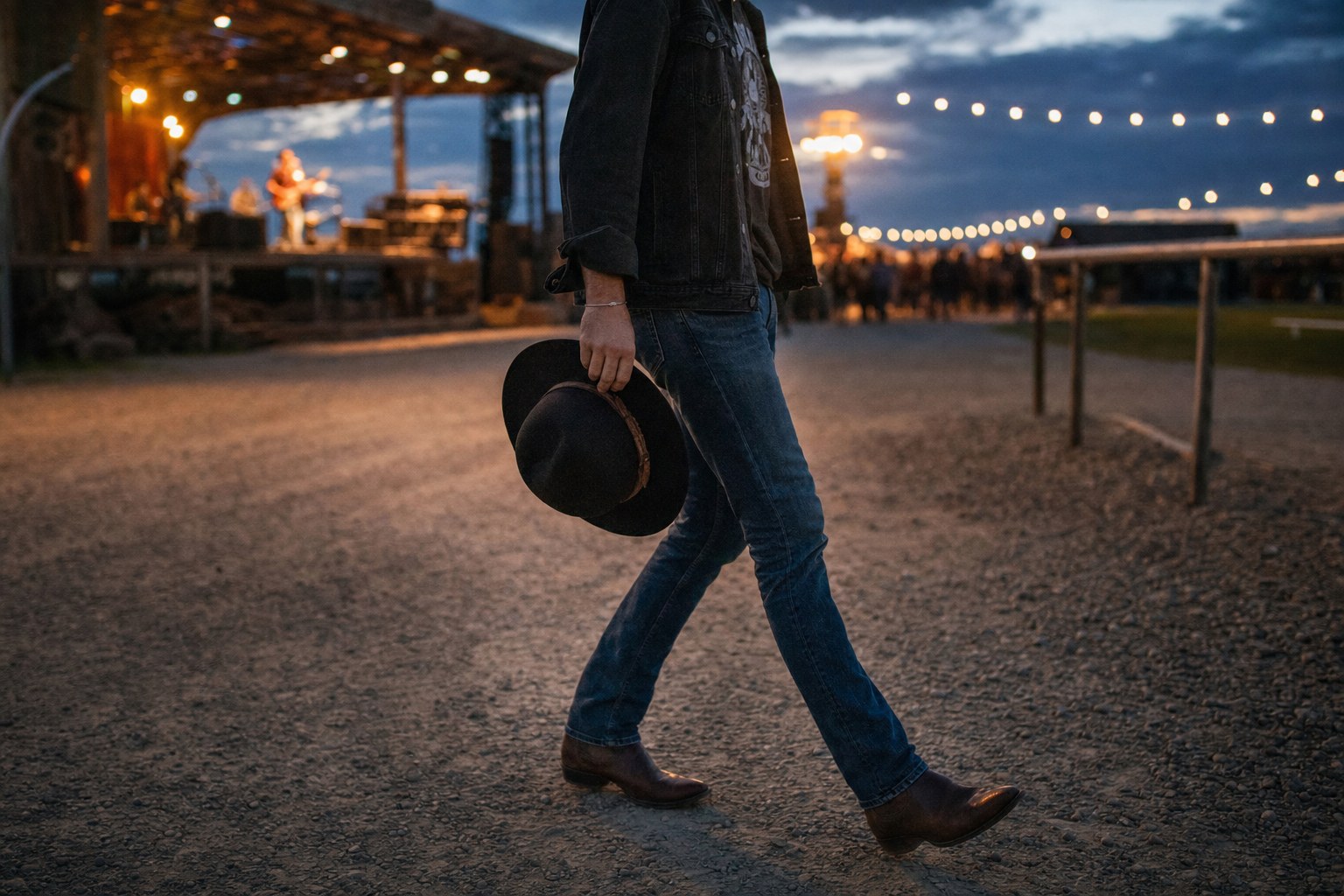 Concertgoer in a denim jacket and boots carrying a hat near an outdoor stage at dusk