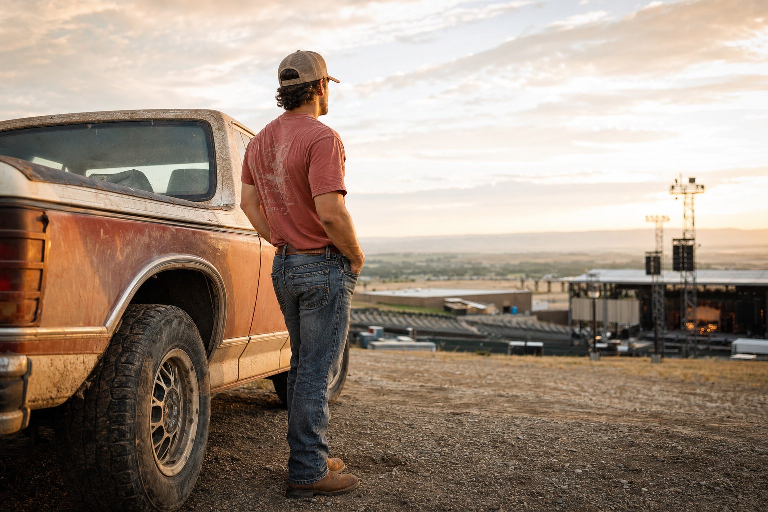 Concertgoer in a rust tee, jeans, boots, and cap beside a dusty pickup near an outdoor venue