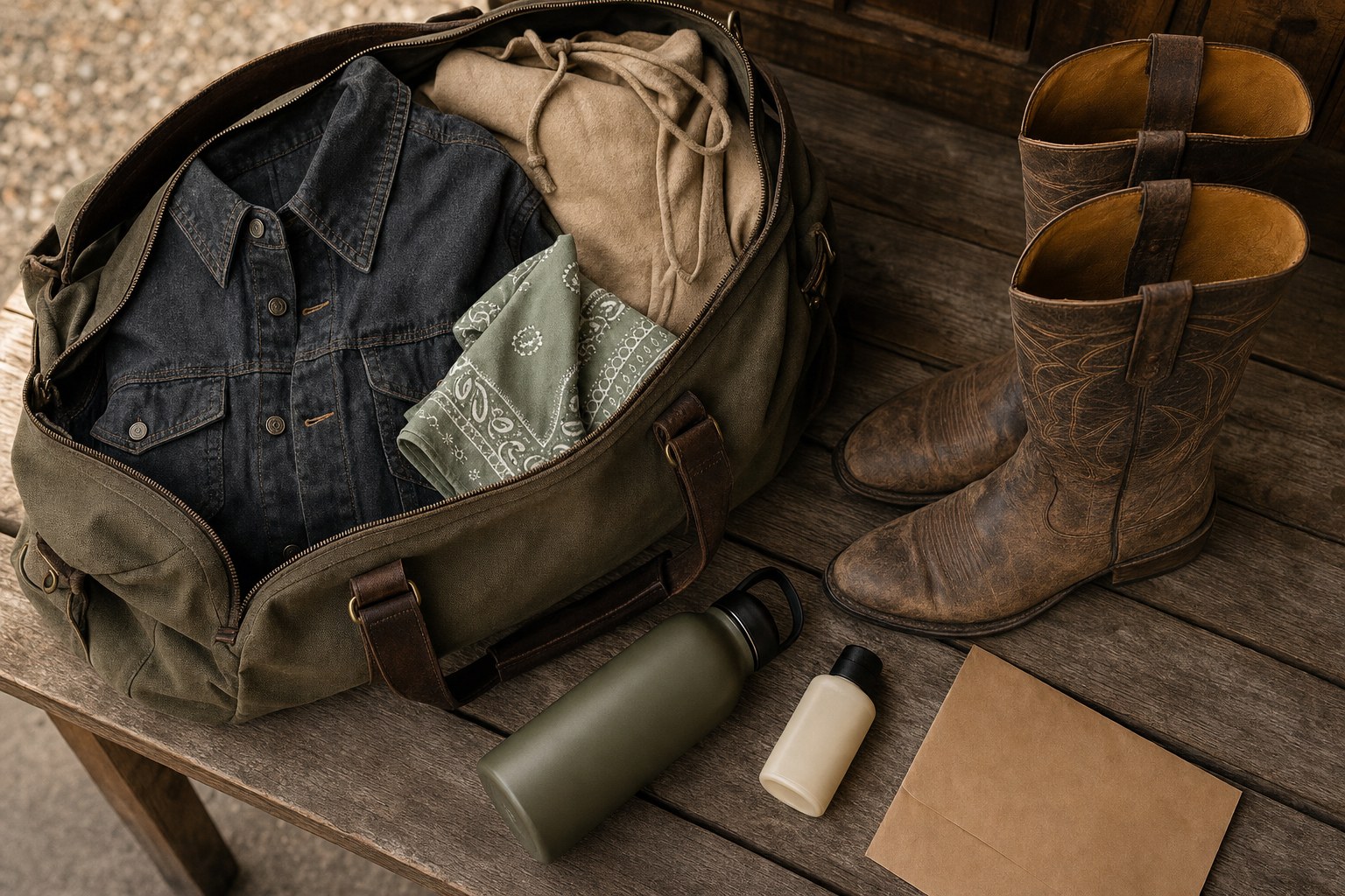 Denim shirt, hoodie, bandana, boots, water bottle, and sunscreen packed for a country concert