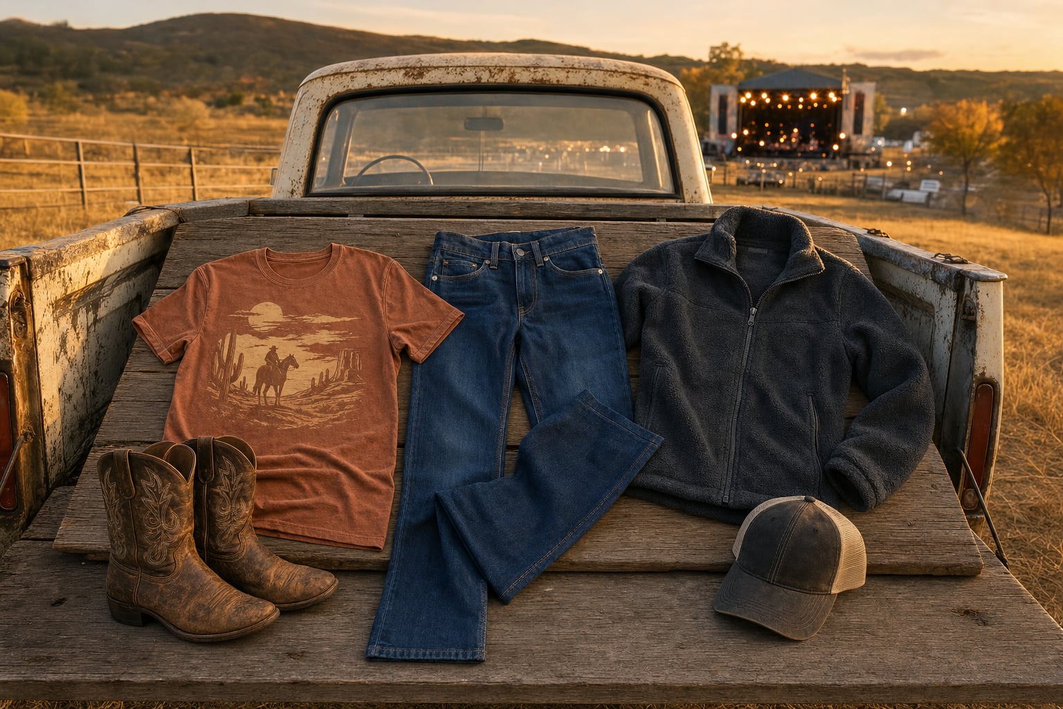 Rust Western tee, dark denim, worn cowboy boots, fleece, and trucker cap arranged on a weathered pickup tailgate before an outdoor concert